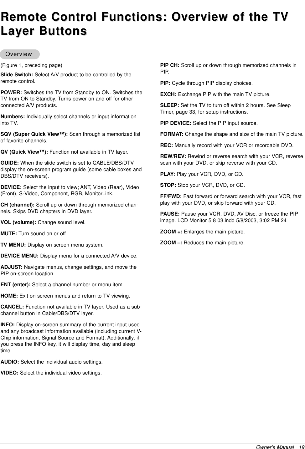 Owner’s Manual   19Remote Control Functions: Overview of the TVRemote Control Functions: Overview of the TVLayer ButtonsLayer Buttons(Figure 1, preceding page)Slide Switch: Select A/V product to be controlled by theremote control.POWER: Switches the TV from Standby to ON. Switches theTV from ON to Standby. Turns power on and off for otherconnected A/V products.Numbers: Individually select channels or input informationinto TV.SQV (Super Quick View™): Scan through a memorized listof favorite channels.QV (Quick View™): Function not available in TV layer.GUIDE: When the slide switch is set to CABLE/DBS/DTV,display the on-screen program guide (some cable boxes andDBS/DTV receivers).DEVICE: Select the input to view; ANT, Video (Rear), Video(Front), S-Video, Component, RGB, MonitorLink.CH (channel): Scroll up or down through memorized chan-nels. Skips DVD chapters in DVD layer.VOL (volume): Change sound level.MUTE: Turn sound on or off.TV MENU: Display on-screen menu system.DEVICE MENU: Display menu for a connected A/V device.ADJUST: Navigate menus, change settings, and move thePIP on-screen location.ENT (enter): Select a channel number or menu item.HOME: Exit on-screen menus and return to TV viewing.CANCEL: Function not available in TV layer. Used as a sub-channel button in Cable/DBS/DTV layer.INFO: Display on-screen summary of the current input usedand any broadcast information available (including current V-Chip information, Signal Source and Format). Additionally, ifyou press the INFO key, it will display time, day and sleeptime.AUDIO: Select the individual audio settings.VIDEO: Select the individual video settings.PIP CH: Scroll up or down through memorized channels inPIP.PIP: Cycle through PIP display choices.EXCH: Exchange PIP with the main TV picture.SLEEP: Set the TV to turn off within 2 hours. See SleepTimer, page 33, for setup instructions.PIP DEVICE: Select the PIP input source.FORMAT: Change the shape and size of the main TV picture.REC: Manually record with your VCR or recordable DVD.REW/REV: Rewind or reverse search with your VCR, reversescan with your DVD, or skip reverse with your CD.PLAY: Play your VCR, DVD, or CD.STOP: Stop your VCR, DVD, or CD.FF/FWD: Fast forward or forward search with your VCR, fastplay with your DVD, or skip forward with your CD.PAUSE: Pause your VCR, DVD, AV Disc, or freeze the PIPimage. LCD Monitor 5 8 03.indd 5/8/2003, 3:02 PM 24ZOOM +: Enlarges the main picture.ZOOM –: Reduces the main picture.OverviewOverview