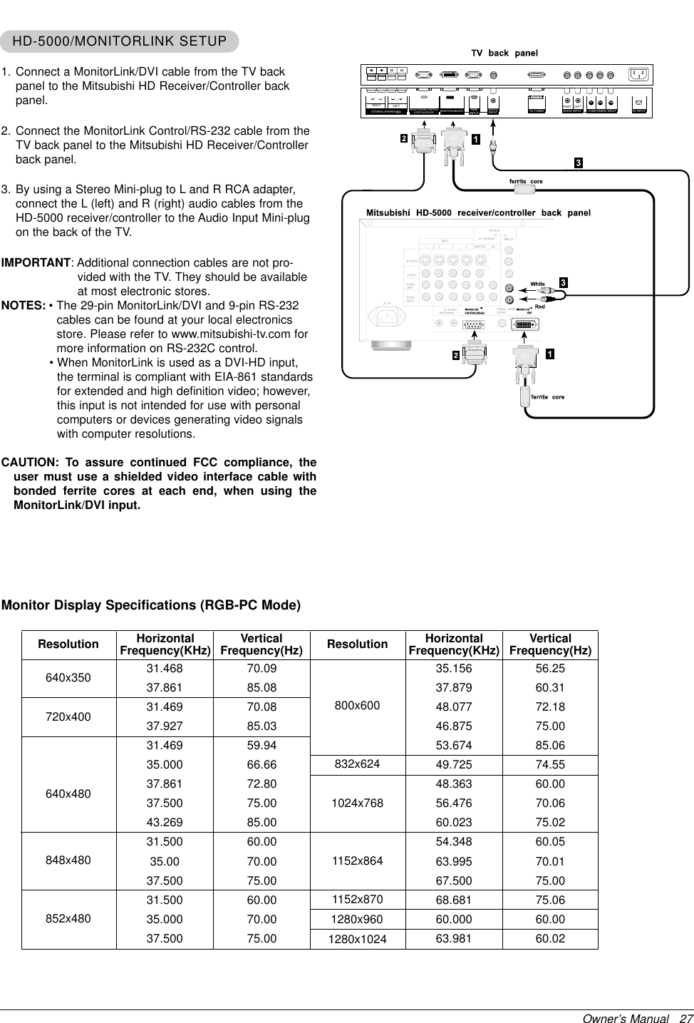 Owner’s Manual   27Resolution640x350720x400640x480848x480852x480HorizontalFrequency(KHz)31.46837.86131.46937.92731.46935.00037.86137.50043.26931.50035.0037.50031.50035.00037.50070.0985.0870.0885.0359.9466.6672.8075.0085.0060.0070.0075.0060.0070.0075.0035.15637.87948.07746.87553.67449.72548.36356.47660.02354.34863.99567.50068.68160.00063.98156.2560.3172.1875.0085.0674.5560.0070.0675.0260.0570.0175.0075.0660.0060.02VerticalFrequency(Hz) Resolution800x600832x6241024x7681152x8641152x8701280x1024HorizontalFrequency(KHz) VerticalFrequency(Hz)1280x960Monitor Display Specifications (RGB-PC Mode)1. Connect a MonitorLink/DVI cable from the TV backpanel to the Mitsubishi HD Receiver/Controller backpanel.2. Connect the MonitorLink Control/RS-232 cable from theTV back panel to the Mitsubishi HD Receiver/Controllerback panel.3. By using a Stereo Mini-plug to L and R RCA adapter,connect the L (left) and R (right) audio cables from theHD-5000 receiver/controller to the Audio Input Mini-plugon the back of the TV.IMPORTANT: Additional connection cables are not pro-vided with the TV. They should be availableat most electronic stores.NOTES: • The 29-pin MonitorLink/DVI and 9-pin RS-232cables can be found at your local electronicsstore. Please refer to www.mitsubishi-tv.com formore information on RS-232C control.• When MonitorLink is used as a DVI-HD input,the terminal is compliant with EIA-861 standardsfor extended and high definition video; however,this input is not intended for use with personalcomputers or devices generating video signalswith computer resolutions.CAUTION: To assure continued FCC compliance, theuser must use a shielded video interface cable withbonded ferrite cores at each end, when using theMonitorLink/DVI input.(  )(  )(  )(  )TO TUNERMONITORLINK CONTROL(CONTROL/SERVICE)YAC INPUTAUDIOINPUTMONITORLINK/DVI RGBINPUTRIGHT LEFTRIGHT LEFTPbPRCOMPONENT INPUTAUDIO INPUTEXTERNAL SPEAKERHD-5000/MONITHD-5000/MONITORLINK SETUPORLINK SETUP