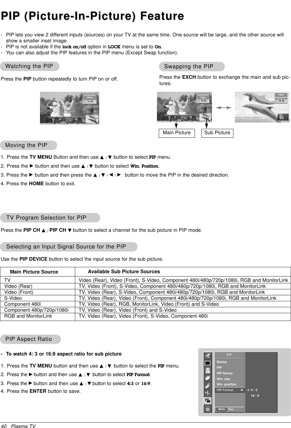 40 Plasma TVPIPPIP (Picture-In-Picture) Feature(Picture-In-Picture) FeaturePIPPrev.DevicePIPPIP DeviceWin. sizeWin. positionPIP Format  G4 : 316 : 9PIPMENU- PIP lets you view 2 different inputs (sources) on your TV at the same time. One source will be large, and the other source willshow a smaller inset image.- PIP is not available if the lock on/off option in LOCK menu is set to On.- You can also adjust the PIP features in the PIP menu (Except Swap function).TV Program Selection for PIPTV Program Selection for PIPPress the PIP CH D/PIP CH Ebutton to select a channel for the sub picture in PIP mode.WWatching the PIPatching the PIPPress the PIP button repeatedly to turn PIP on or off.PIPPIP Aspect RatioAspect RatioMoving the PIPMoving the PIPSwapping the PIPSwapping the PIPPress the EXCH button to exchange the main and sub pic-tures.Selecting an Input Signal Source for the PIPSelecting an Input Signal Source for the PIPUse the PIP DEVICE button to select the input source for the sub picture.Main Picture Sub PictureComponentVideo ComponentVideo VideoComponent1. Press the TV MENU button and then use D/Ebutton to select the PIP menu.2. Press the Gbutton and then use D/Ebutton to select PIP Format.3. Press the Gbutton and then use D/Ebutton to select 4:3 or 16:9.4. Press the ENTER button to save.Main Picture Source Available Sub Picture SourcesTVVideo (Rear)Video (Front)S-VideoComponent 480iComponent 480p/720p/1080iRGB and MonitorLinkVideo (Rear), Video (Front), S-Video, Component 480i/480p/720p/1080i, RGB and MonitorLinkTV, Video (Front), S-Video, Component 480i/480p/720p/1080i, RGB and MonitorLinkTV, Video (Rear), S-Video, Component 480i/480p/720p/1080i, RGB and MonitorLinkTV, Video (Rear), Video (Front), Component 480i/480p/720p/1080i, RGB and MonitorLinkTV, Video (Rear), RGB, MonitorLink, Video (Front) and S-VideoTV, Video (Rear), Video (Front) and S-VideoTV, Video (Rear), Video (Front), S-Video, Component 480i- To watch 4: 3 or 16:9 aspect ratio for sub picture1. Press the TV MENU Button and then use D/Ebutton to select PIP menu.2. Press the Gbutton and then use D/Ebutton to select Win. Position.3. Press the Gbutton and then press the D/E/F/Gbutton to move the PIP in the desired direction.4. Press the HOME button to exit.