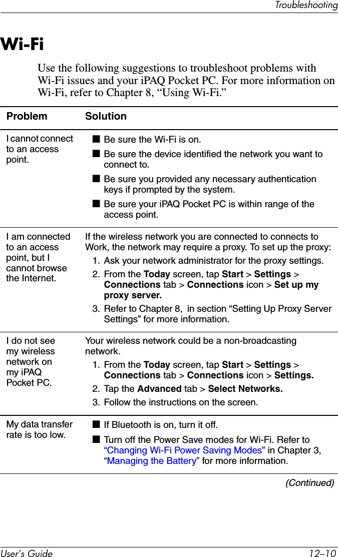 8VHU·V*XLGH ²7URXEOHVKRRWLQJWi-FiUse the following suggestions to troubleshoot problems with Wi-Fi issues and your iPAQ Pocket PC. For more information on Wi-Fi, refer to Chapter 8, “Using Wi-Fi.”Problem SolutionI cannot connect to an access point.■Be sure the Wi-Fi is on.■Be sure the device identified the network you want to connect to.■Be sure you provided any necessary authentication keys if prompted by the system.■Be sure your iPAQ Pocket PC is within range of the access point.I am connected to an access point, but I cannot browse the Internet.If the wireless network you are connected to connects to Work, the network may require a proxy. To set up the proxy:1. Ask your network administrator for the proxy settings.2. From the Today screen, tap Start &gt; Settings &gt; Connections tab &gt; Connections icon &gt; Set up my proxy server.3. Refer to Chapter 8,  in section “Setting Up Proxy Server Settings” for more information.I do not see my wireless network on my iPAQ Pocket PC.Your wireless network could be a non-broadcasting network.1. From the Today screen, tap Start &gt; Settings &gt; Connections tab &gt; Connections icon &gt; Settings.2. Tap the Advanced tab &gt; Select Networks.3. Follow the instructions on the screen.My data transfer rate is too low.■If Bluetooth is on, turn it off.■Turn off the Power Save modes for Wi-Fi. Refer to “Changing Wi-Fi Power Saving Modes” in Chapter 3, “Managing the Battery” for more information.(Continued)