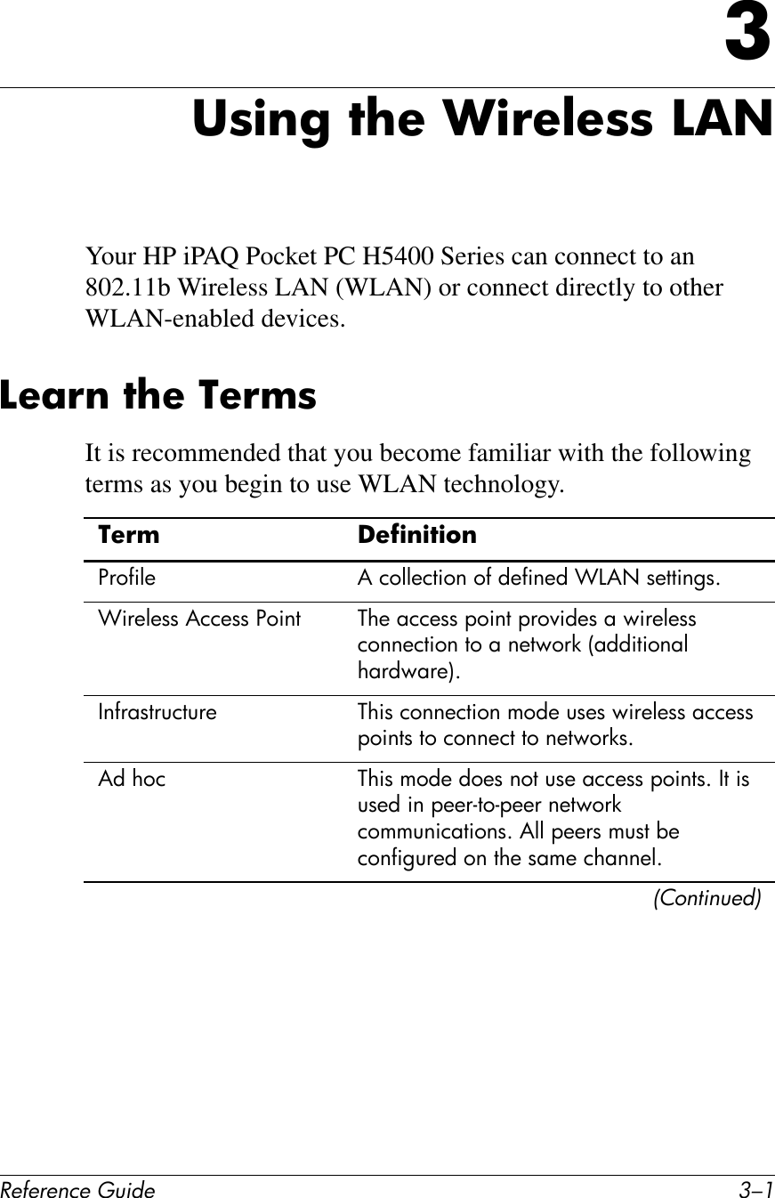 !&quot;#&quot;$&quot;%&amp;&quot;&apos;()*+&quot; 9/.&gt;38)$&apos;&amp;7?&quot;&amp;+)!&quot;@&quot;88&amp;A,.Your HP iPAQ Pocket PC H5400 Series can connect to an 802.11b Wireless LAN (WLAN) or connect directly to other WLAN-enabled devices.A&quot;;!$&amp;7?&quot;&amp;4&quot;!I8It is recommended that you become familiar with the following terms as you begin to use WLAN technology.4&quot;!I U&quot;#)$)7)6$%2(B$D+ &amp;#)(DD+),$(6#(B#C+B$6+C#cd&amp;8#1+,,$6H1Gc$2+D+11#&amp;))+11#%($6, @!+#7))+11#&quot;($6,#&quot;2(P$C+1#7#E$2+D+11#)(66+),$(6#,(#7#6+,E(2*#T7CC$,$(67D#!72CE72+UG\6B271,24),42+ @!$1#)(66+),$(6#5(C+#41+1#E$2+D+11#7))+11#&quot;($6,1#,(#)(66+),#,(#6+,E(2*1G&amp;C#!() @!$1#5(C+#C(+1#6(,#41+#7))+11#&quot;($6,1G#\,#$1#41+C#$6#&quot;++2?,(?&quot;++2#6+,E(2*#)(5546$)7,$(61G#&amp;DD#&quot;++21#541,#9+#)(6B$H42+C#(6#,!+#175+#)!766+DG567%1*%)&quot;+8