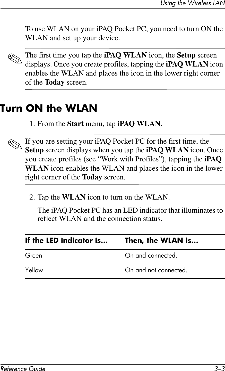 UL*%2&apos;1Q&quot;&apos;J*$&quot;K&quot;LL&apos;M&lt;N!&quot;#&quot;$&quot;%&amp;&quot;&apos;()*+&quot; 9/9To use WLAN on your iPAQ Pocket PC, you need to turn ON the WLAN and set up your device.✎The first time you tap the iPAQ WLAN icon, the Setup screen displays. Once you create profiles, tapping the iPAQ WLAN icon enables the WLAN and places the icon in the lower right corner of the Today screen.4(!$&amp;5.&amp;7?&quot;&amp;+A,.1. From the Start menu, tap iPAQ WLAN.✎If you are setting your iPAQ Pocket PC for the first time, the Setup screen displays when you tap the iPAQ WLAN icon. Once you create profiles (see “Work with Profiles”), tapping the iPAQ WLAN icon enables the WLAN and places the icon in the lower right corner of the Today screen.2. Tap the WLAN icon to turn on the WLAN.The iPAQ Pocket PC has an LED indicator that illuminates to reflect WLAN and the connection status./#&amp;7?&quot;&amp;A^U&amp;)$*)%;76!&amp;)8___ 4?&quot;$d&amp;7?&quot;&amp;+A,.&amp;)8___g2++6 ]6#76C#)(66+),+CGh+DD(E ]6#76C#6(,#)(66+),+CG