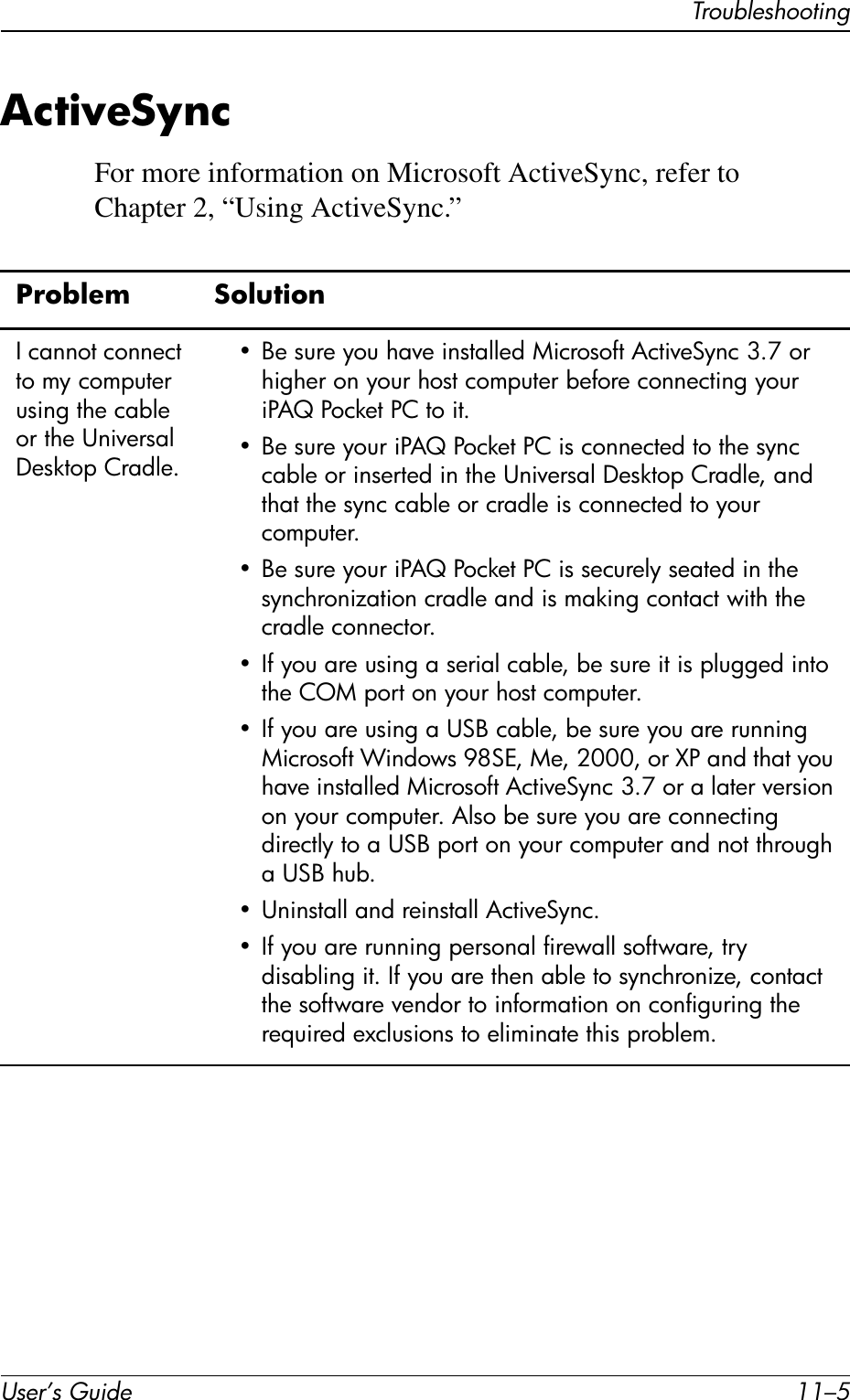TroubleshootingUser’s Guide 11–5ActiveSyncFor more information on Microsoft ActiveSync, refer to Chapter 2, “Using ActiveSync.”Problem SolutionI cannot connect to my computer using the cable or the Universal Desktop Cradle.• Be sure you have installed Microsoft ActiveSync 3.7 or higher on your host computer before connecting your iPAQ Pocket PC to it.• Be sure your iPAQ Pocket PC is connected to the sync cable or inserted in the Universal Desktop Cradle, and that the sync cable or cradle is connected to your computer.• Be sure your iPAQ Pocket PC is securely seated in the synchronization cradle and is making contact with the cradle connector.• If you are using a serial cable, be sure it is plugged into the COM port on your host computer.• If you are using a USB cable, be sure you are running Microsoft Windows 98SE, Me, 2000, or XP and that you have installed Microsoft ActiveSync 3.7 or a later version on your computer. Also be sure you are connecting directly to a USB port on your computer and not through a USB hub.• Uninstall and reinstall ActiveSync.• If you are running personal firewall software, try disabling it. If you are then able to synchronize, contact the software vendor to information on configuring the required exclusions to eliminate this problem.