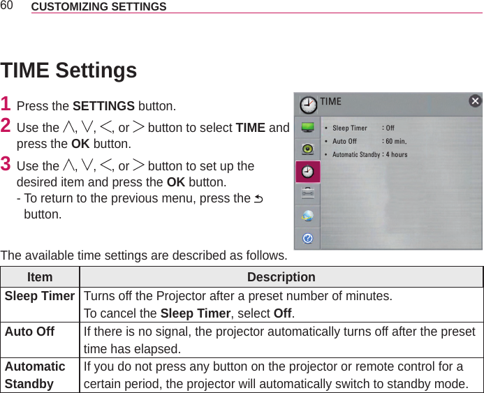 60 CUSTOMIZING SETTINGS TIME Settings1  Press the SETTINGS button.2  Use the  ,  ,  , or   button to select TIME and press the OK button.3  Use the  ,  ,  , or   button to set up the desired item and press the OK button.-  To return to the previous menu, press the   button.The available time settings are described as follows.Item DescriptionSleep Timer Turns off the Projector after a preset number of minutes.To cancel the Sleep Timer, select Off.Auto Off If there is no signal, the projector automatically turns off after the preset time has elapsed.Automatic Standby If you do not press any button on the projector or remote control for a certain period, the projector will automatically switch to standby mode.ͰTIME ySleep Timer       : Off yAuto Off       : 60 min. yAutomatic Standby  : 4 hours