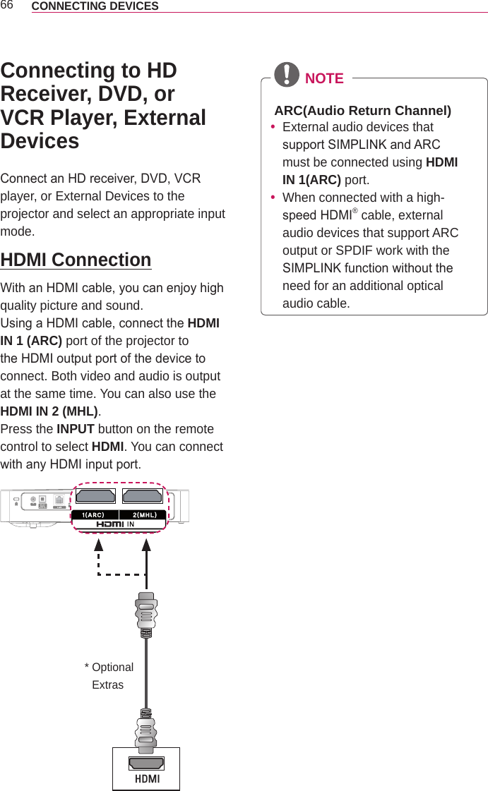 66 CONNECTING DEVICES Connecting to HD Receiver, DVD, or VCR Player, External DevicesConnect an HD receiver, DVD, VCR player, or External Devices to the projector and select an appropriate input mode.HDMI ConnectionWith an HDMI cable, you can enjoy high quality picture and sound. Using a HDMI cable, connect the HDMI IN 1 (ARC) port of the projector to the HDMI output port of the device to connect. Both video and audio is output at the same time. You can also use the HDMI IN 2 (MHL).Press the INPUT button on the remote control to select HDMI. You can connect with any HDMI input port.+&apos;0,*  Optional Extras NOTEARC(Audio Return Channel) yExternal audio devices that support SIMPLINK and ARC must be connected using HDMI IN 1(ARC) port. yWhen connected with a high-speed HDMI® cable, external audio devices that support ARC output or SPDIF work with the SIMPLINK function without the need for an additional optical audio cable.