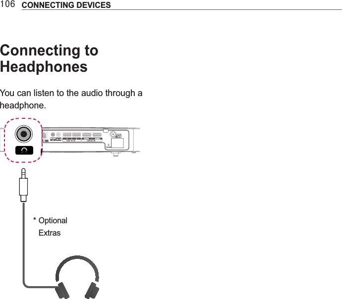 439 CONNECTING DEVICES Connecting to  HeadphonesYou can listen to the audio through a headphone.*  Optional 