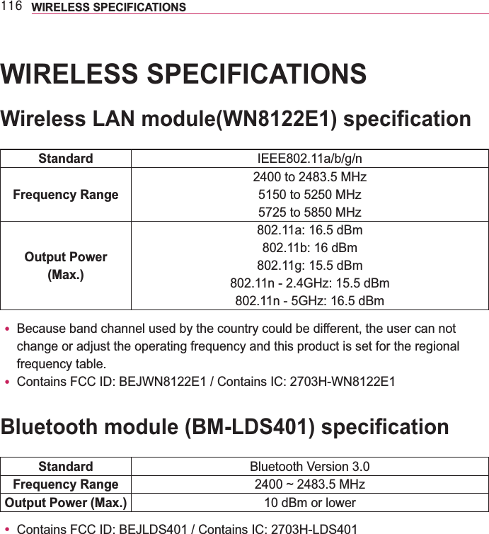 449 WIRELESS SPECIFICATIONS WIRELESS SPECIFICATIONSStandard Frequency RangeOutput Power(Max.)y Because band channel used by the country could be different, the user can not change or adjust the operating frequency and this product is set for the regional frequency table.y Standard Frequency Range Output Power (Max.) y 