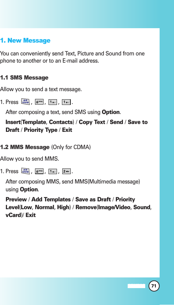 71MW5601. New MessageYou can conveniently send Text, Picture and Sound from onephone to another or to an E-mail address.1.1 SMS MessageAllow you to send a text message.1. Press , , , .After composing a text, send SMS using Option.Insert(Template,Contacts)/Copy Text /Send /Save toDraft /Priority Type /Exit1.2 MMS Message (Only for CDMA) Allow you to send MMS.1. Press , , , .After composing MMS, send MMS(Multimedia message)using Option.Preview /Add Templates /Save as Draft /PriorityLevel(Low,Normal,High)/Remove(Image/Video,Sound,vCard)/ Exit  