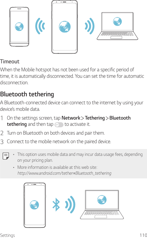 Settings 110TimeoutWhen the Mobile hotspot has not been used for a specific period of time, it is automatically disconnected. You can set the time for automatic disconnection.Bluetooth tetheringA Bluetooth-connected device can connect to the internet by using your device’s mobile data.1  On the settings screen, tap Network   Tethering   Bluetooth tethering and then tap   to activate it.2  Turn on Bluetooth on both devices and pair them.3  Connect to the mobile network on the paired device.• This option uses mobile data and may incur data usage fees, depending on your pricing plan.• More information is available at this web site: http://www.android.com/tether#Bluetooth_tethering