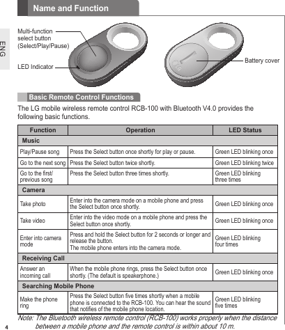 4Name and FunctionENGBasic Remote Control FunctionsMulti-function select button(Select/Play/Pause)LED Indicator Battery coverThe LG mobile wireless remote control RCB-100 with Bluetooth V4.0 provides the following basic functions.Function Operation LED StatusMusic Play/Pause song Press the Select button once shortly for play or pause.  Green LED blinking onceGo to the next song Press the Select button twice shortly. Green LED blinking twiceGo to the rst/previous song Press the Select button three times shortly. Green LED blinking three timesCameraTake photo Enter into the camera mode on a mobile phone and press the Select button once shortly.  Green LED blinking onceTake video Enter into the video mode on a mobile phone and press the Select button once shortly.  Green LED blinking onceEnter into camera modePress and hold the Select button for 2 seconds or longer and release the button.  The mobile phone enters into the camera mode.Green LED blinking four timesReceiving CallAnswer an incoming call When the mobile phone rings, press the Select button once shortly. (The default is speakerphone.) Green LED blinking onceSearching Mobile PhoneMake the phone ringPress the Select button ve times shortly when a mobile phone is connected to the RCB-100. You can hear the sound that noties of the mobile phone location. Green LED blinking ve timesNote:  The Bluetooth wireless remote control (RCB-100) works properly when the distance between a mobile phone and the remote control is within about 10 m.