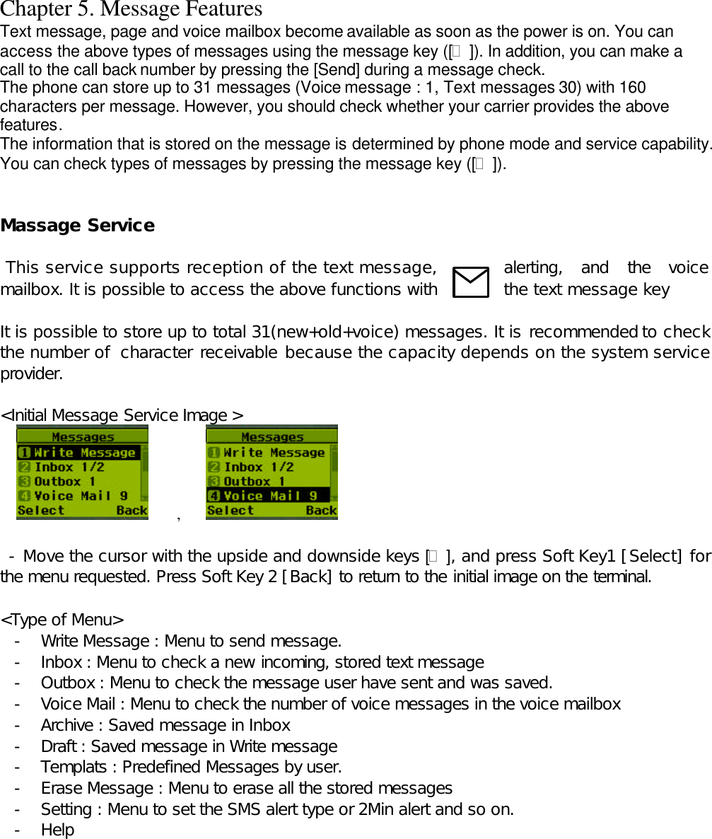 Chapter 5. Message Features Text message, page and voice mailbox become available as soon as the power is on. You can access the above types of messages using the message key ([?]). In addition, you can make a call to the call back number by pressing the [Send] during a message check. The phone can store up to 31 messages (Voice message : 1, Text messages 30) with 160 characters per message. However, you should check whether your carrier provides the above features. The information that is stored on the message is determined by phone mode and service capability. You can check types of messages by pressing the message key ([?]).   Massage Service    This service supports reception of the text message,  alerting, and  the voice mailbox. It is possible to access the above functions with  the text message key      It is possible to store up to total 31(new+old+voice) messages. It is recommended to check the number of  character receivable because the capacity depends on the system service provider.   &lt;Initial Message Service Image &gt;  ,       - Move the cursor with the upside and downside keys [?], and press Soft Key1 [Select] for the menu requested. Press Soft Key 2 [Back] to return to the initial image on the terminal.  &lt;Type of Menu&gt; - Write Message : Menu to send message. - Inbox : Menu to check a new incoming, stored text message - Outbox : Menu to check the message user have sent and was saved. - Voice Mail : Menu to check the number of voice messages in the voice mailbox - Archive : Saved message in Inbox - Draft : Saved message in Write message - Templats : Predefined Messages by user. - Erase Message : Menu to erase all the stored messages - Setting : Menu to set the SMS alert type or 2Min alert and so on. - Help      