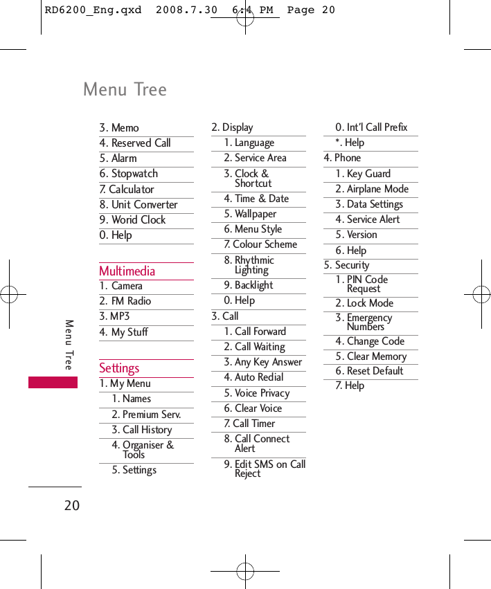 Menu Tree20Menu Tree3. Memo4. Reserved Call5. Alarm6. Stopwatch7. Calculator8. Unit Converter9. Worid Clock0. HelpMultimedia1. Camera2. FM Radio3. MP34. My StuffSettings1. My Menu1. Names2. Premium Serv.3. Call History4. Organiser &amp;Tools5. Settings2. Display1. Language2. Service Area3. Clock &amp;Shortcut4. Time &amp; Date5. Wallpaper6. Menu Style7. Colour Scheme8. RhythmicLighting9. Backlight0. Help3. Call1. Call Forward2. Call Waiting3. Any Key Answer4. Auto Redial5. Voice Privacy6. Clear Voice7. Call Timer8. Call ConnectAlert9. Edit SMS on CallReject0. Int&apos;l Call Prefix*. Help4. Phone1. Key Guard 2. Airplane Mode3. Data Settings4. Service Alert5. Version6. Help5. Security1. PIN CodeRequest2. Lock Mode3. EmergencyNumbers4. Change Code5. Clear Memory6. Reset Default7. HelpRD6200_Eng.qxd  2008.7.30  6:4 PM  Page 20