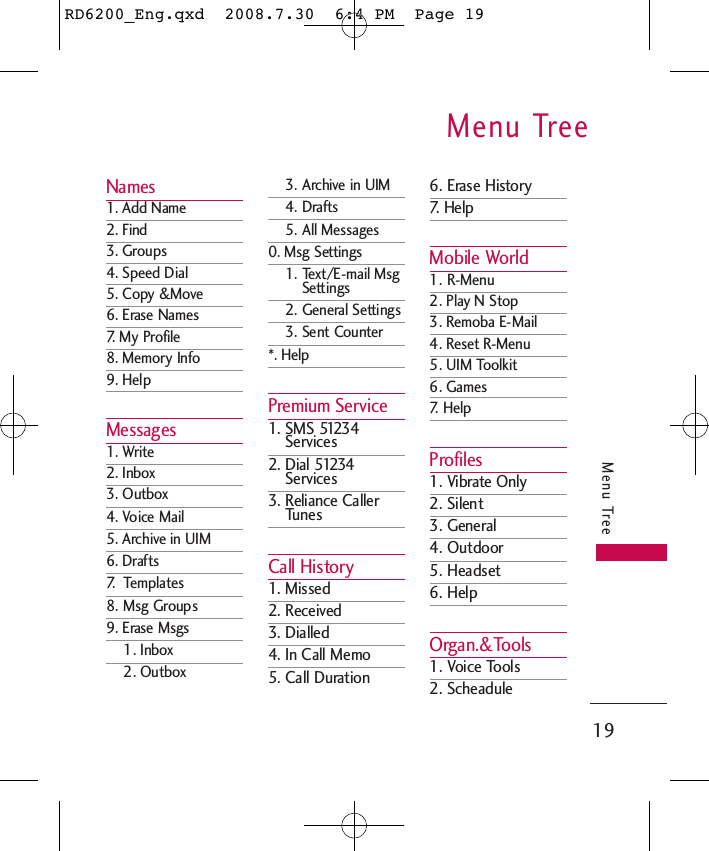 Menu Tree19Menu TreeNames1. Add Name2. Find3. Groups4. Speed Dial5. Copy &amp;Move6. Erase Names7. My Profile8. Memory Info9. HelpMessages1. Write2. Inbox3. Outbox4. Voice Mail5. Archive in UIM6. Drafts7. Templates8. Msg Groups9. Erase Msgs1. Inbox2. Outbox3. Archive in UIM4. Drafts5. All Messages0. Msg Settings1. Text/E-mail MsgSettings2. General Settings3. Sent Counter*. HelpPremium Service1. SMS 51234Services2. Dial 51234Services3. Reliance CallerTunesCall History1. Missed2. Received3. Dialled4. In Call Memo5. Call Duration6. Erase History7. HelpMobile World1. R-Menu2. Play N Stop3. Remoba E-Mail4. Reset R-Menu5. UIM Toolkit6. Games7. HelpProfiles1. Vibrate Only2. Silent3. General4. Outdoor5. Headset6. HelpOrgan.&amp;Tools1. Voice Tools2. ScheaduleRD6200_Eng.qxd  2008.7.30  6:4 PM  Page 19