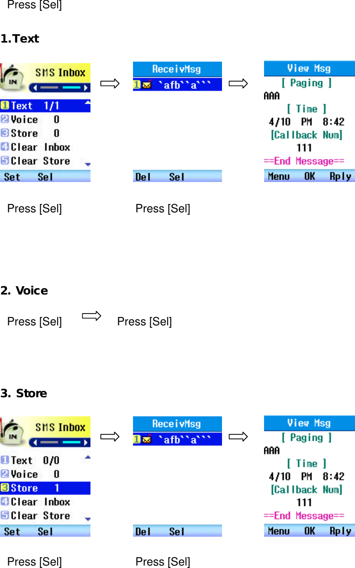      1.Text                          2. Voice       3. Store                           Press [Sel] Press [Sel] Press [Sel] Press [Sel] Press [Sel] Press [Sel] Press [Sel] 
