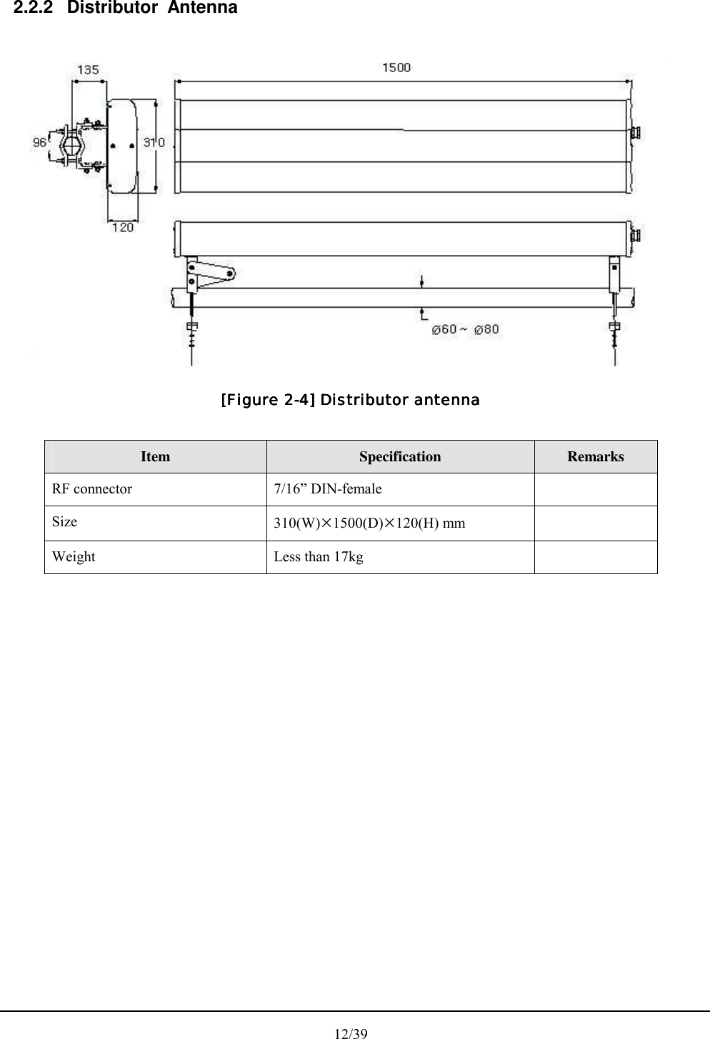  12/39 2.2.2 Distributor Antenna      [Figure 2[Figure 2[Figure 2[Figure 2----4] Distributor antenna4] Distributor antenna4] Distributor antenna4] Distributor antenna     Item  Specification  Remarks RF connector  7/16” DIN-female   Size  310(W)1500(D)120(H) mm   Weight  Less than 17kg     
