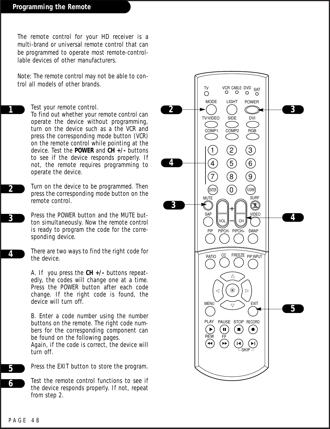 PAGE 48Programming the RemoteTest your remote control.To find out whether your remote control canoperate the device without programming,turn on the device such as a the VCR andpress the corresponding mode button (VCR)on the remote control while pointing at thedevice. Test the POWER and CH +/- buttonsto see if the device responds properly. Ifnot, the remote requires programming tooperate the device.Turn on the device to be programmed. Thenpress the corresponding mode button on theremote control.Press the POWER button and the MUTE but-ton simultaneously. Now the remote controlis ready to program the code for the corre-sponding device.There are two ways to find the right code forthe device.A. If  you press the CH +/- buttons repeat-edly, the codes will change one at a time.Press the POWER button after each codechange. If the right code is found, thedevice will turn off.B. Enter a code number using the numberbuttons on the remote. The right code num-bers for the corresponding component canbe found on the following pages.Again, if the code is correct, the device willturn off.Press the EXIT button to store the program.Test the remote control functions to see ifthe device responds properly. If not, repeatfrom step 2.11234567890TVMODE LIGHT POWER   TV/VIDEO DVIRGBVCRCABLEDVD SATMUTESWAPPIPCH- PIPCH+PIPRATIORECORDSTOPPAUSEREWPLAYFFMENU EXITCC FREEZEPIP INPUTVOL CHSURFSAP VIDEOCOMP2COMP1SIDESKIPENTERFLASHBK2 3453234564The remote control for your HD receiver is amulti-brand or universal remote control that canbe programmed to operate most remote-control-lable devices of other manufacturers.Note: The remote control may not be able to con-trol all models of other brands.