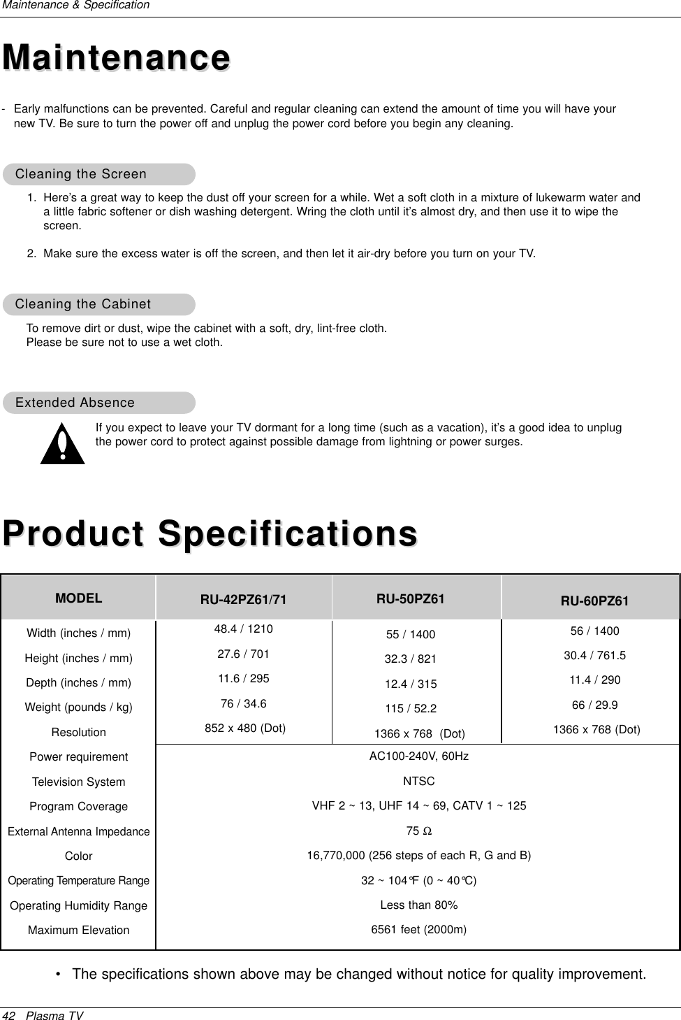 42 Plasma TVMaintenance &amp; SpecificationProduct SpecificationsProduct Specifications•The specifications shown above may be changed without notice for quality improvement.MODEL RU-50PZ6155 / 140032.3 / 82112.4 / 315115 / 52.21366 x 768  (Dot) AC100-240V, 60HzNTSCVHF 2 ~ 13, UHF 14 ~ 69, CATV 1 ~ 12575 Ω16,770,000 (256 steps of each R, G and B)32 ~ 104°F (0 ~ 40°C)Less than 80%6561 feet (2000m)Width (inches / mm)Height (inches / mm)Depth (inches / mm)Weight (pounds / kg)ResolutionPower requirementTelevision SystemProgram CoverageExternal Antenna ImpedanceColorOperating Temperature RangeOperating Humidity RangeMaximum Elevation1. Here’s a great way to keep the dust off your screen for a while. Wet a soft cloth in a mixture of lukewarm water anda little fabric softener or dish washing detergent. Wring the cloth until it’s almost dry, and then use it to wipe thescreen.2. Make sure the excess water is off the screen, and then let it air-dry before you turn on your TV.To remove dirt or dust, wipe the cabinet with a soft, dry, lint-free cloth.Please be sure not to use a wet cloth.If you expect to leave your TV dormant for a long time (such as a vacation), it’s a good idea to unplugthe power cord to protect against possible damage from lightning or power surges.- Early malfunctions can be prevented. Careful and regular cleaning can extend the amount of time you will have yournew TV. Be sure to turn the power off and unplug the power cord before you begin any cleaning.Cleaning the ScreenCleaning the ScreenCleaning the CabinetCleaning the CabinetExtended Extended AbsenceAbsenceMaintenanceMaintenanceRU-42PZ61/7148.4 / 121027.6 / 70111.6 / 29576 / 34.6852 x 480 (Dot) RU-60PZ6156 / 140030.4 / 761.511.4 / 29066 / 29.91366 x 768 (Dot) 