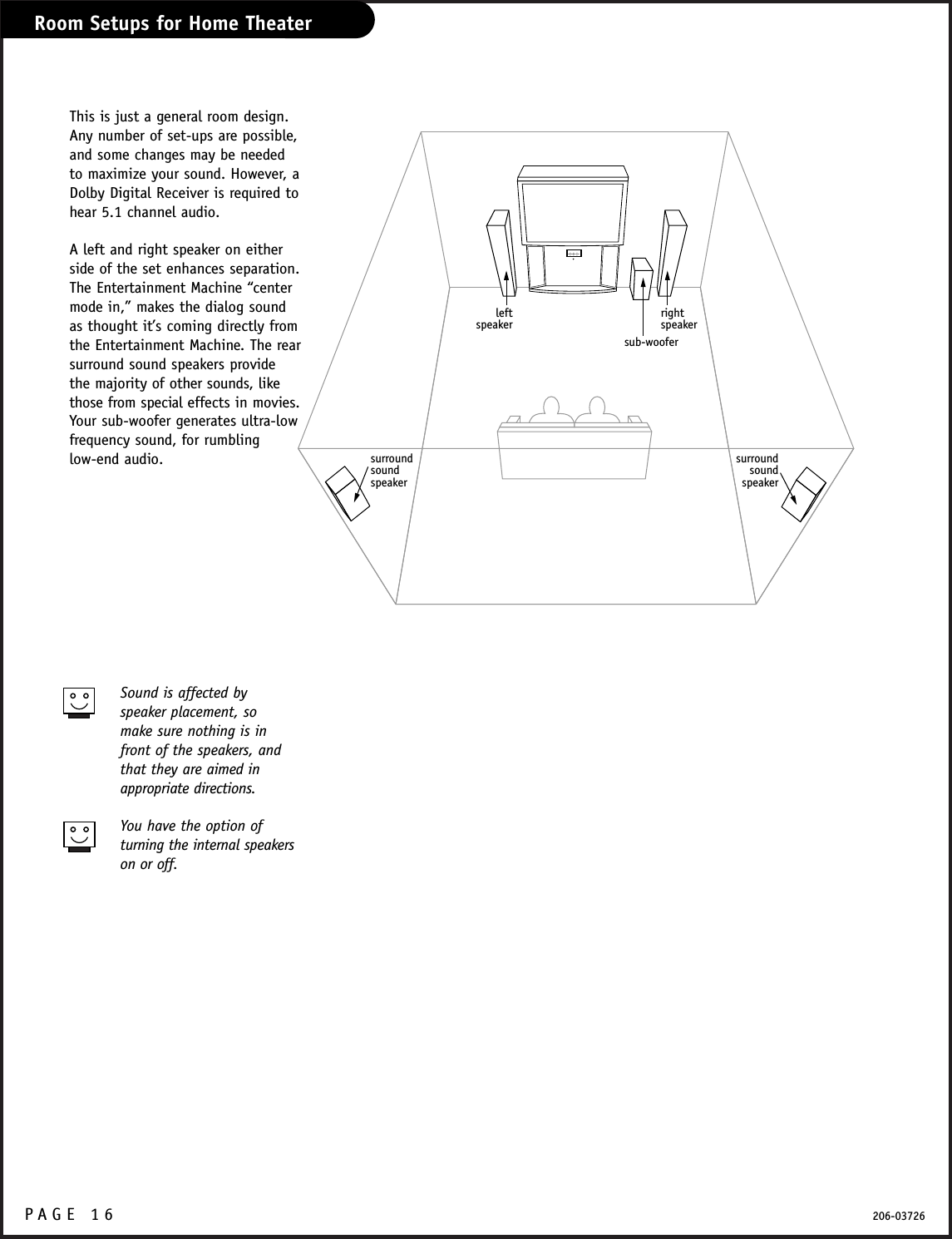 P A GE 16 206-03726Room Setups for Home Theatersub-wooferrightspeakerleftspeakersurroundsound speakersurroundsound speakerThis is just a general room design. Any number of set-ups are possible,and some changes may be neededto maximize your sound. However, aDolby Digital Receiver is required tohear 5.1 channel audio.A left and right speaker on either side of the set enhances separation.The Entertainment Machine “centermode in,” makes the dialog soundas thought it’s coming directly fromthe Entertainment Machine. The rearsurround sound speakers provide the majority of other sounds, likethose from special effects in movies.Your sub-woofer generates ultra-low frequency sound, for rumbling low-end audio.Sound is affected by speaker placement, so make sure nothing is infront of the speakers, andthat they are aimed inappropriate directions.You have the option of turning the internal speakerson or off.
