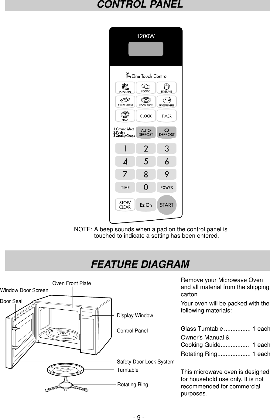 - 9 -CONTROL PANELFEATURE DIAGRAMNOTE: A beep sounds when a pad on the control panel is            touched to indicate a setting has been entered.Oven Front Plate Window Door ScreenDoor SealDisplay WindowControl PanelSafety Door Lock SystemTurntableRotating RingRemove your Microwave Ovenand all material from the shippingcarton.Your oven will be packed with the following materials:Glass Turntable ................ 1 eachOwner&apos;s Manual &amp; Cooking Guide................. 1 eachRotating Ring.................... 1 eachThis microwave oven is designedfor household use only. It is notrecommended for commercialpurposes.