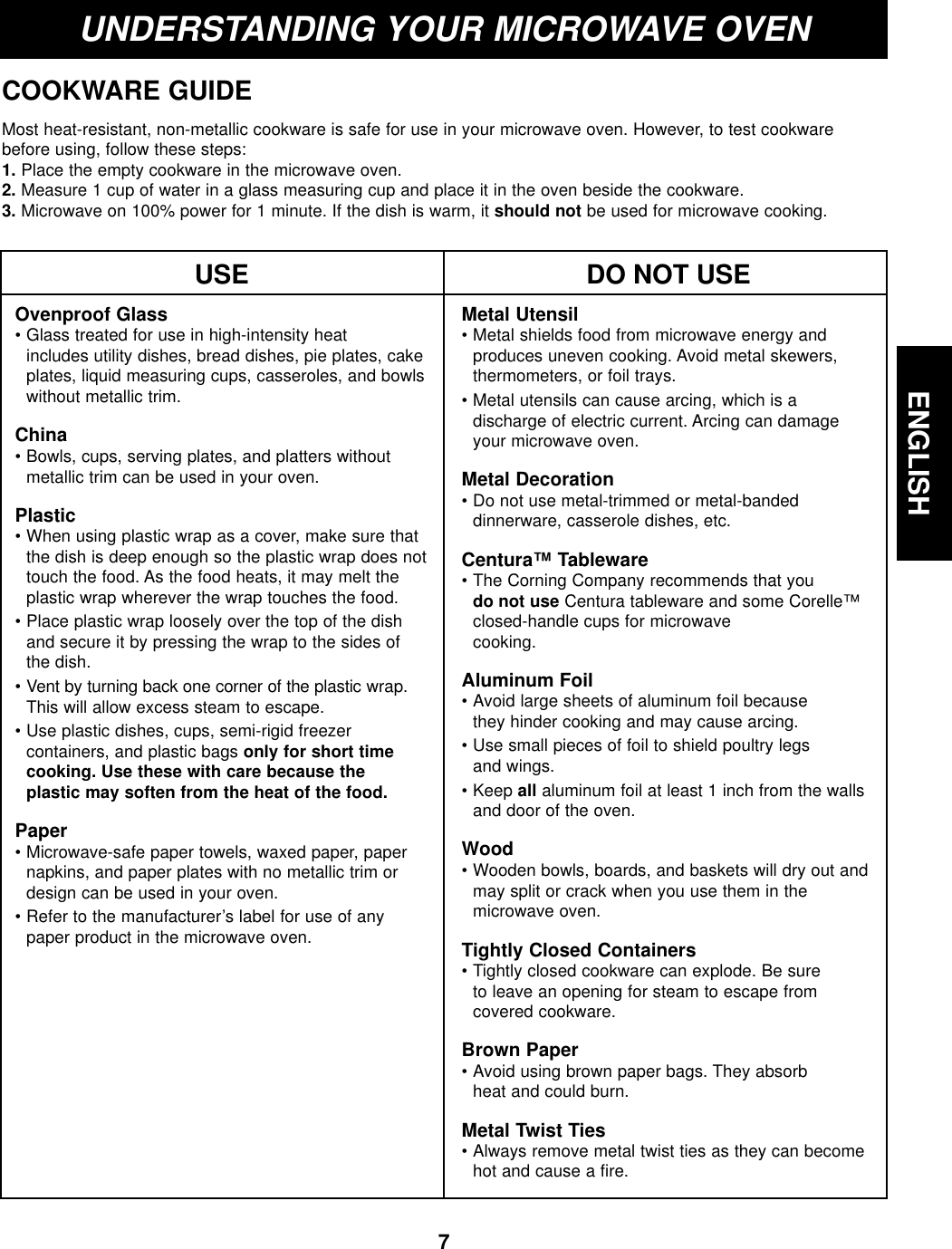 ENGLISH7UNDERSTANDING YOUR MICROWAVE OVENUSEOvenproof Glass• Glass treated for use in high-intensity heatincludes utility dishes, bread dishes, pie plates, cakeplates, liquid measuring cups, casseroles, and bowlswithout metallic trim.China• Bowls, cups, serving plates, and platters withoutmetallic trim can be used in your oven.Plastic• When using plastic wrap as a cover, make sure thatthe dish is deep enough so the plastic wrap does nottouch the food. As the food heats, it may melt theplastic wrap wherever the wrap touches the food. • Place plastic wrap loosely over the top of the dishand secure it by pressing the wrap to the sides ofthe dish. • Vent by turning back one corner of the plastic wrap.This will allow excess steam to escape.• Use plastic dishes, cups, semi-rigid freezer containers, and plastic bags only for short timecooking. Use these with care because the plastic may soften from the heat of the food.Paper• Microwave-safe paper towels, waxed paper, papernapkins, and paper plates with no metallic trim ordesign can be used in your oven.• Refer to the manufacturer’s label for use of anypaper product in the microwave oven.DO NOT USEMetal Utensil • Metal shields food from microwave energy and produces uneven cooking. Avoid metal skewers,thermometers, or foil trays. • Metal utensils can cause arcing, which is a discharge of electric current. Arcing can damageyour microwave oven.Metal Decoration• Do not use metal-trimmed or metal-banded dinnerware, casserole dishes, etc.Centura™ Tableware• The Corning Company recommends that you do not use Centura tableware and some Corelle™closed-handle cups for microwave cooking.Aluminum Foil• Avoid large sheets of aluminum foil because they hinder cooking and may cause arcing. • Use small pieces of foil to shield poultry legs and wings. • Keep all aluminum foil at least 1 inch from the wallsand door of the oven.Wood• Wooden bowls, boards, and baskets will dry out andmay split or crack when you use them in themicrowave oven.Tightly Closed Containers• Tightly closed cookware can explode. Be sure to leave an opening for steam to escape from covered cookware. Brown Paper• Avoid using brown paper bags. They absorb heat and could burn.Metal Twist Ties• Always remove metal twist ties as they can becomehot and cause a fire.COOKWARE GUIDEMost heat-resistant, non-metallic cookware is safe for use in your microwave oven. However, to test cookwarebefore using, follow these steps:1. Place the empty cookware in the microwave oven.2. Measure 1 cup of water in a glass measuring cup and place it in the oven beside the cookware.3. Microwave on 100% power for 1 minute. If the dish is warm, it should not be used for microwave cooking.