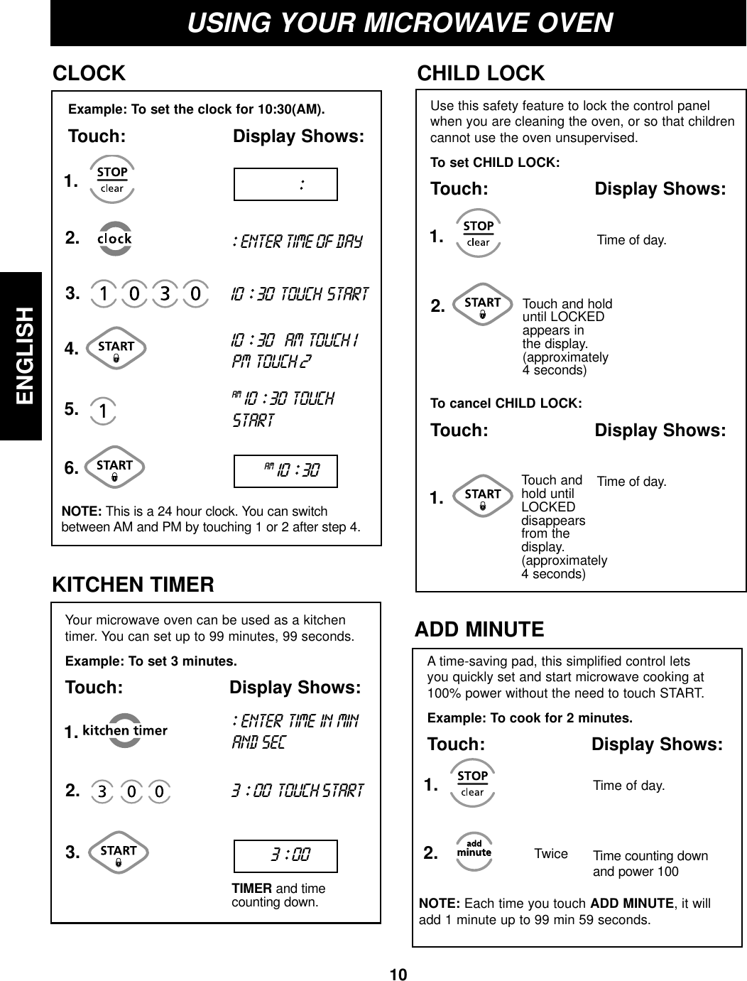 10ENGLISHUSING YOUR MICROWAVE OVENExample: To set the clock for 10:30(AM).Touch: Display Shows:CLOCK1.2.3.5.NOTE: This is a 24 hour clock. You can switchbetween AM and PM by touching 1 or 2 after step 4.::ENTER TIME OF DAY10 ::30 TOUCH START10 ::30AM TOUCH 1PM TOUCH 2AM10 ::30 TOUCHSTART::ENTER TIME IN MINAND SEC3 ::00TOUCH STARTUse this safety feature to lock the control panelwhen you are cleaning the oven, or so that childrencannot use the oven unsupervised.To set CHILD LOCK:Touch: Display Shows:CHILD LOCKTouch and holduntil LOCKEDappears inthe display.(approximately4 seconds)To cancel CHILD LOCK:Touch: Display Shows:Touch andhold untilLOCKEDdisappears from the display.(approximately4 seconds)Time of day.Time of day.1.1.2.Your microwave oven can be used as a kitchentimer. You can set up to 99 minutes, 99 seconds.Example: To set 3 minutes.Touch: Display Shows:KITCHEN TIMERTIMER and timecounting down.1.2.3.6.4.::AM10 ::303 ::00Time of day.TwiceADD MINUTEA time-saving pad, this simplified control letsyou quickly set and start microwave cooking at100% power without the need to touch START.Example: To cook for 2 minutes.Touch: Display Shows:1.2.NOTE: Each time you touch ADD MINUTE, it willadd 1 minute up to 99 min 59 seconds.Time counting downand power 100