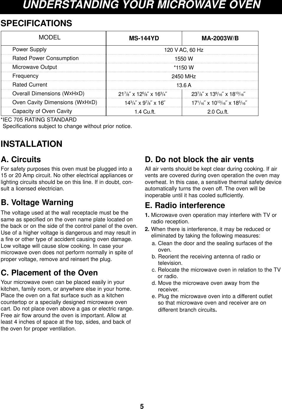 UNDERSTANDING YOUR MICROWAVE OVENSPECIFICATIONS*IEC 705 RATING STANDARD Specifications subject to change without prior notice.MS-144YD MA-2003W/BMODELPower SupplyRated Power ConsumptionMicrowave OutputFrequencyRated CurrentOverall Dimensions (WxHxD)Oven Cavity Dimensions (WxHxD)Capacity of Oven Cavity120 V AC, 60 Hz1550 W*1150 W2450 MHz13.6 A217/8˝ x 125/8˝ x 163/4˝237/8˝ x 139/16˝ x 1813/16˝143/4˝ x 97/8˝ x 16˝ 171/16˝ x 1013/16˝ x 185/16˝ 1.4 Cu.ft.                                  2.0 Cu.ft.INSTALLATION5A. CircuitsFor safety purposes this oven must be plugged into a15 or 20 Amp circuit. No other electrical appliances orlighting circuits should be on this line. If in doubt, con-sult a licensed electrician.B. Voltage Warning The voltage used at the wall receptacle must be thesame as specified on the oven name plate located onthe back or on the side of the control panel of the oven.Use of a higher voltage is dangerous and may result ina fire or other type of accident causing oven damage.Low voltage will cause slow cooking. In case yourmicrowave oven does not perform normally in spite ofproper voltage, remove and reinsert the plug.C. Placement of the OvenYour microwave oven can be placed easily in yourkitchen, family room, or anywhere else in your home.Place the oven on a flat surface such as a kitchencountertop or a specially designed microwave ovencart. Do not place oven above a gas or electric range.Free air flow around the oven is important. Allow atleast 4 inches of space at the top, sides, and back ofthe oven for proper ventilation. D. Do not block the air ventsAll air vents should be kept clear during cooking. If airvents are covered during oven operation the oven mayoverheat. In this case, a sensitive thermal safety deviceautomatically turns the oven off. The oven will be inoperable until it has cooled sufficiently.E. Radio interference1. Microwave oven operation may interfere with TV orradio reception.2. When there is interference, it may be reduced oreliminated by taking the following measures:a. Clean the door and the sealing surfaces of theoven.b. Reorient the receiving antenna of radio or television.c. Relocate the microwave oven in relation to the TVor radio.d. Move the microwave oven away from the receiver.e. Plug the microwave oven into a different outlet so that microwave oven and receiver are on different branch circuits.