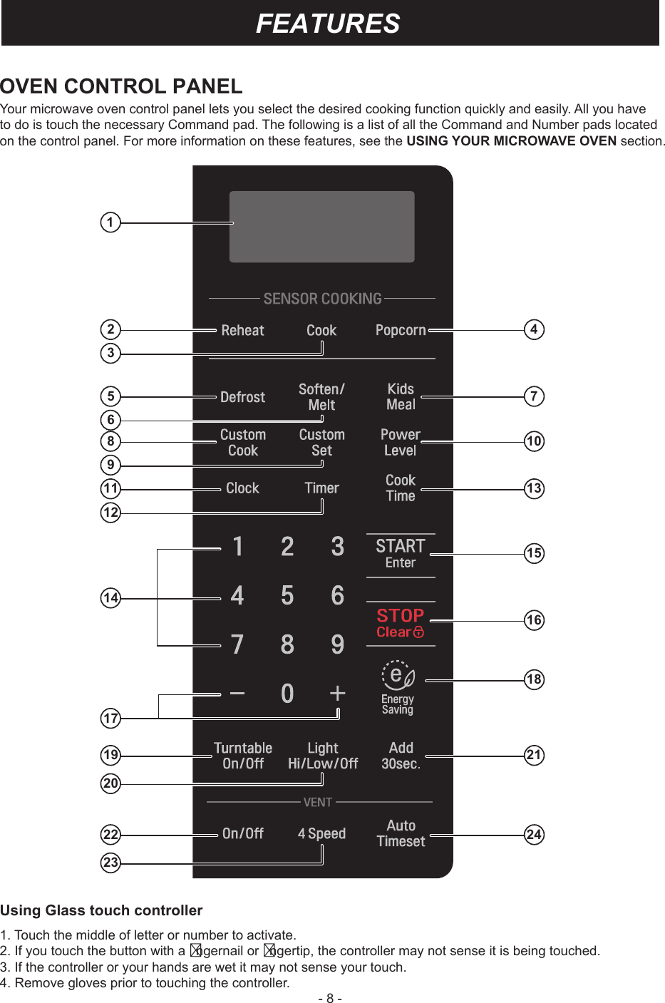 - 8 -12 435 768 1091114131516182112192024222317OVEN CONTROL PANELFEATURESUsing Glass touch controller1. Touch the middle of letter or number to activate.2. If you touch the button with a  ngernail or  ngertip, the controller may not sense it is being touched.3. If the controller or your hands are wet it may not sense your touch.4. Remove gloves prior to touching the controller.Your microwave oven control panel lets you select the desired cooking function quickly and easily. All you haveto do is touch the necessary Command pad. The following is a list of all the Command and Number pads located on the control panel. For more information on these features, see the USING YOUR MICROWAVE OVEN section.