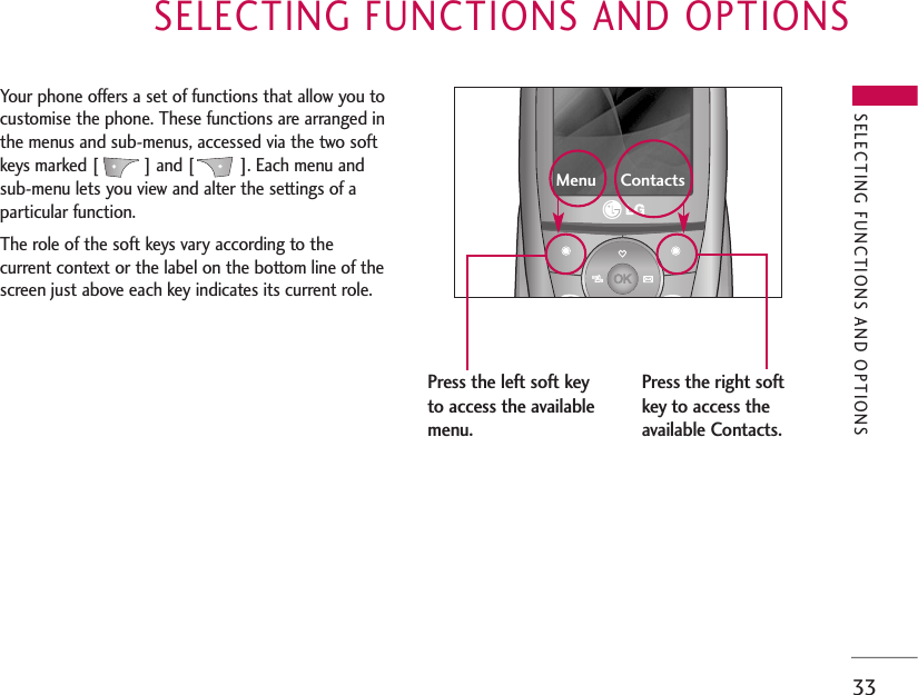 SELECTING FUNCTIONS AND OPTIONS33SELECTING FUNCTIONS AND OPTIONSYour phone offers a set of functions that allow you tocustomise the phone. These functions are arranged inthe menus and sub-menus, accessed via the two softkeys marked [ ] and [ ]. Each menu andsub-menu lets you view and alter the settings of aparticular function. The role of the soft keys vary according to thecurrent context or the label on the bottom line of thescreen just above each key indicates its current role.Press the left soft keyto access the availablemenu.Press the right softkey to access theavailable Contacts.Menu     Contacts