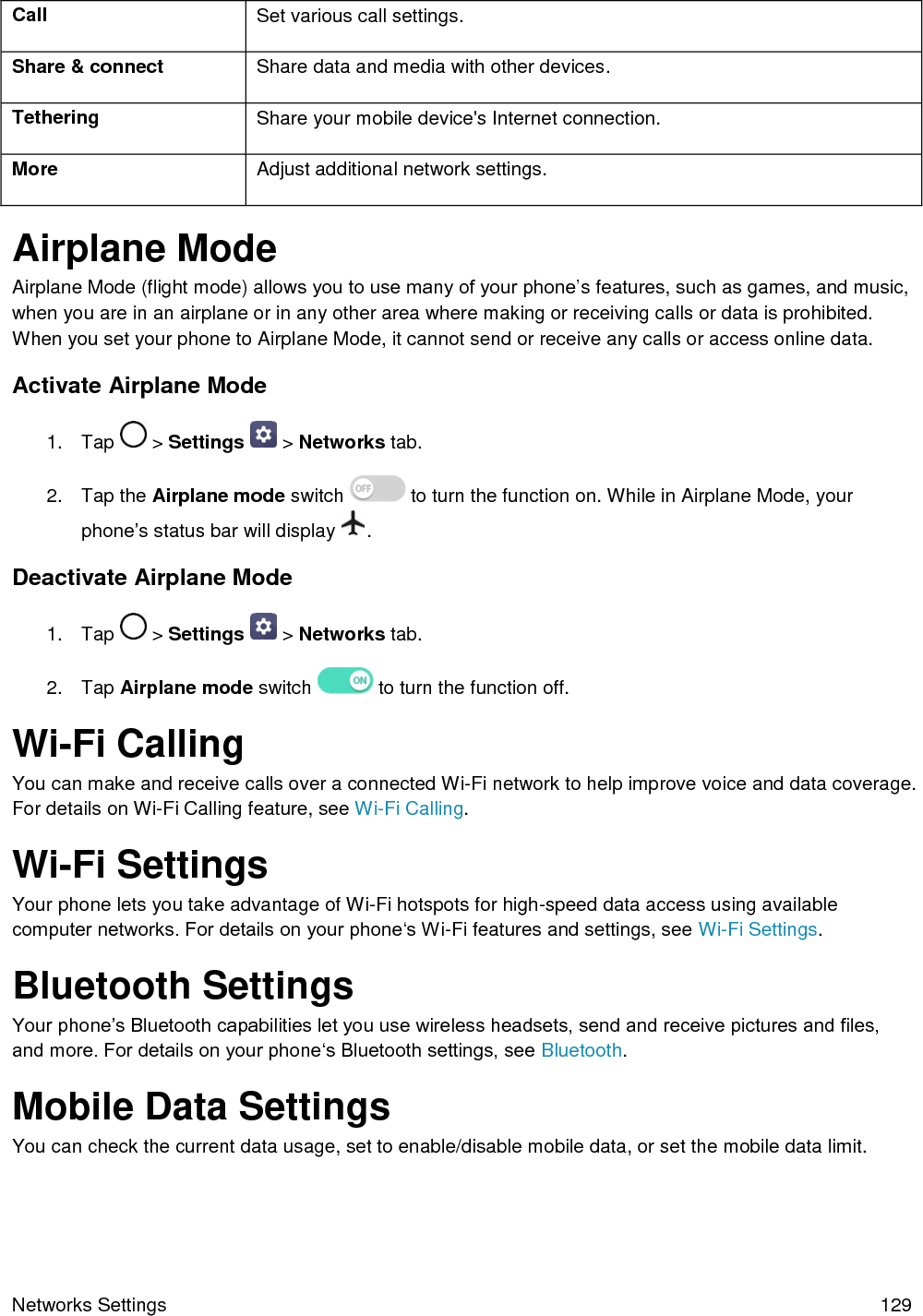  Networks Settings  129 Call Set various call settings. Share &amp; connect Share data and media with other devices. Tethering Share your mobile device&apos;s Internet connection. More Adjust additional network settings. Airplane Mode Airplane Mode (flight mode) allows you to use many of your phone’s features, such as games, and music, when you are in an airplane or in any other area where making or receiving calls or data is prohibited. When you set your phone to Airplane Mode, it cannot send or receive any calls or access online data. Activate Airplane Mode 1.  Tap   &gt; Settings   &gt; Networks tab. 2.  Tap the Airplane mode switch   to turn the function on. While in Airplane Mode, your phone’s status bar will display  . Deactivate Airplane Mode 1.  Tap   &gt; Settings   &gt; Networks tab. 2.  Tap Airplane mode switch   to turn the function off. Wi-Fi Calling You can make and receive calls over a connected Wi-Fi network to help improve voice and data coverage. For details on Wi-Fi Calling feature, see Wi-Fi Calling. Wi-Fi Settings Your phone lets you take advantage of Wi-Fi hotspots for high-speed data access using available computer networks. For details on your phone‘s Wi-Fi features and settings, see Wi-Fi Settings. Bluetooth Settings Your phone’s Bluetooth capabilities let you use wireless headsets, send and receive pictures and files, and more. For details on your phone‘s Bluetooth settings, see Bluetooth. Mobile Data Settings You can check the current data usage, set to enable/disable mobile data, or set the mobile data limit. 