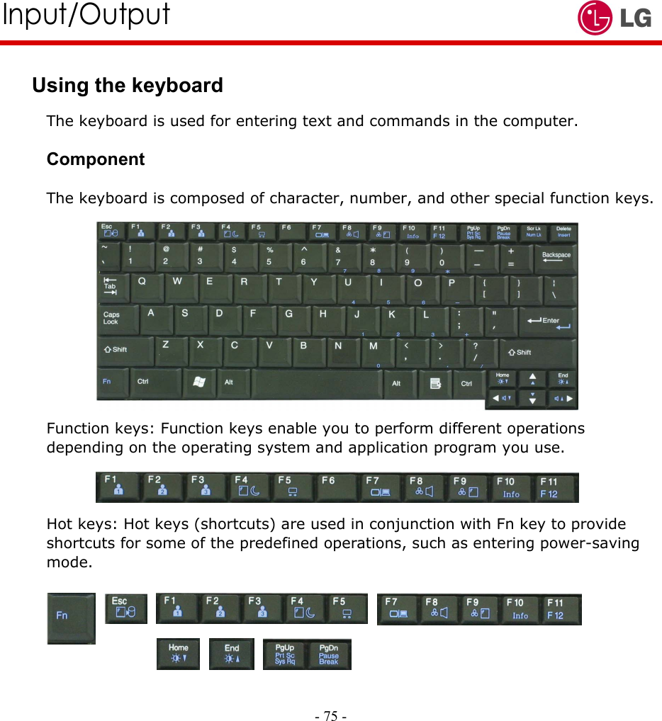     Input/Output  Using the keyboard The keyboard is used for entering text and commands in the computer.  Component  The keyboard is composed of character, number, and other special function keys.            Function keys: Function keys enable you to perform different operations depending on the operating system and application program you use.    Hot keys: Hot keys (shortcuts) are used in conjunction with Fn key to provide shortcuts for some of the predefined operations, such as entering power-saving mode.  - 75 -                                      