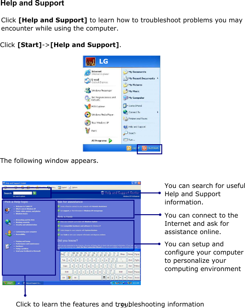      Help and Support  Click [Help and Support] to learn how to troubleshoot problems you may encounter while using the computer.  - 53You can search for useful Help and Support information. Click to learn the features and troubleshooting information You can connect to the Internet and ask for assistance online. You can setup and configure your computer to personalize your computing environment LG Click [Start]-&gt;[Help and Support].  LG             The following window appears.                 -        