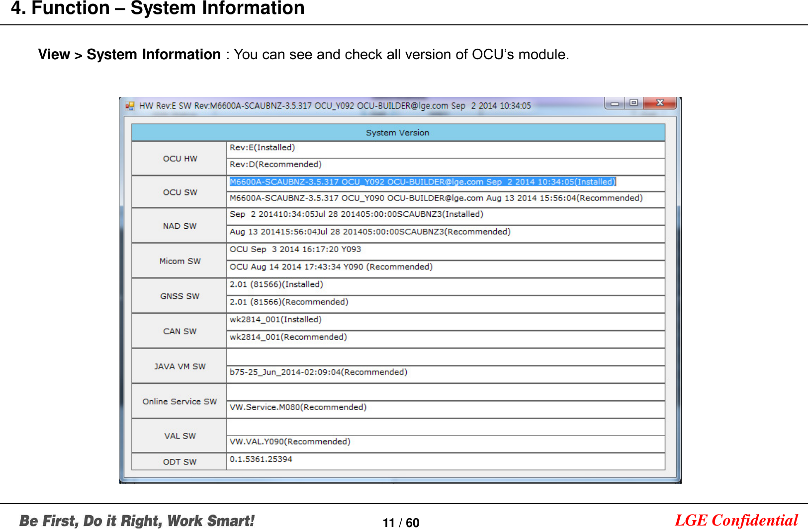 LGE Confidential4. Function –System Information11 / 60View &gt; System Information : You can see and check all version of OCU’s module.