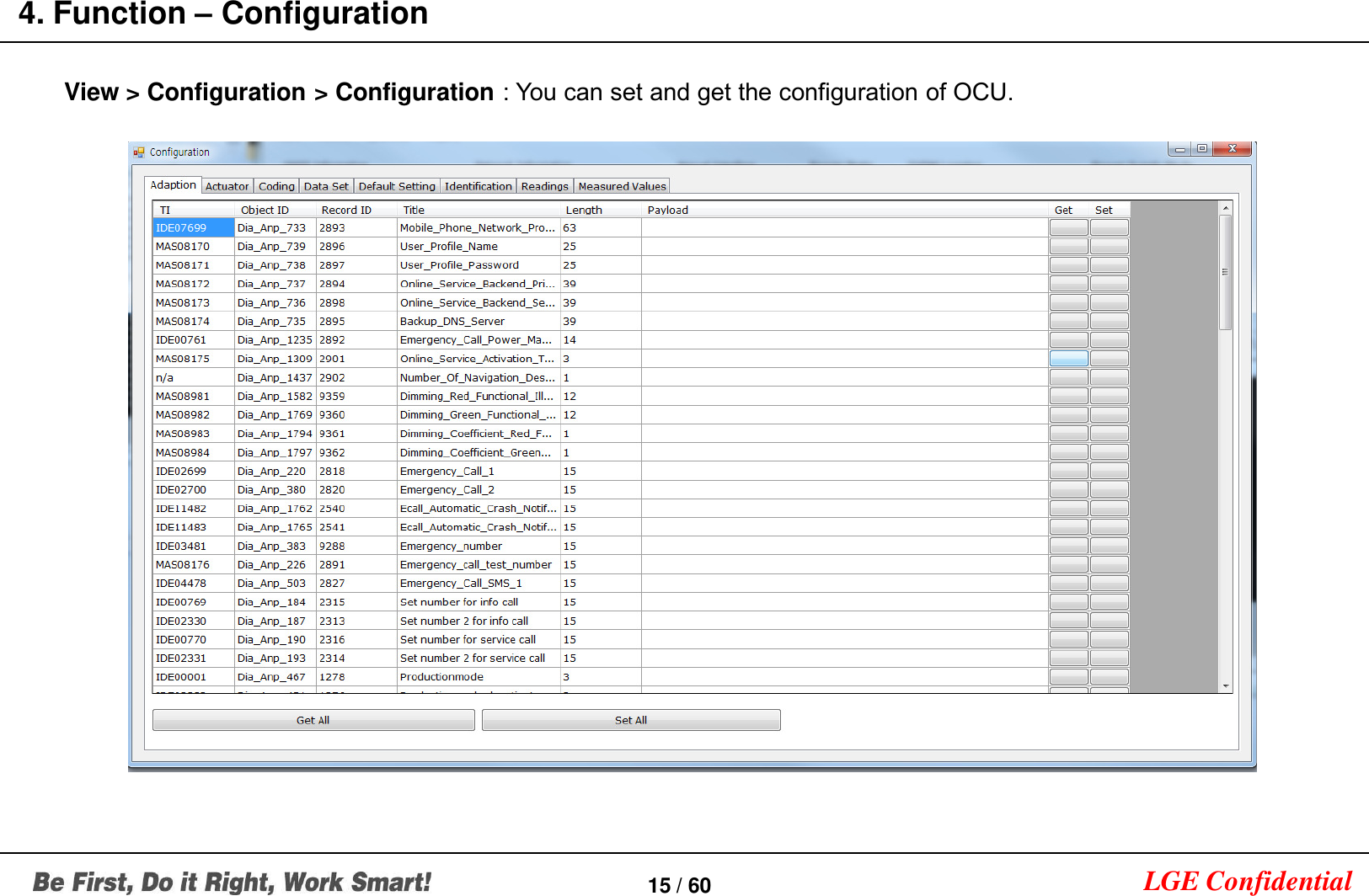 LGE Confidential4. Function –Configuration15 / 60View &gt; Configuration &gt; Configuration : You can set and get the configuration of OCU.