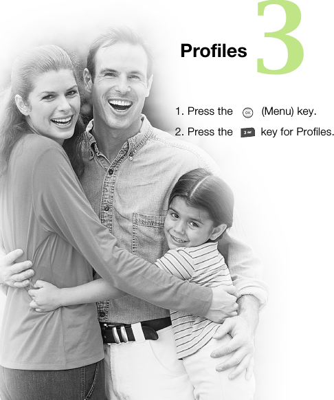Profiles 3 1. Press the  (Menu) key.2. Press the  key for Profiles. 