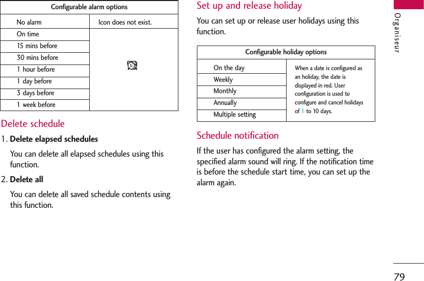 79Delete schedule1. Delete elapsed schedulesYou can delete all elapsed schedules using thisfunction.2. Delete allYou can delete all saved schedule contents usingthis function.Set up and release holidayYou can set up or release user holidays using thisfunction.Schedule notificationIf the user has configured the alarm setting, thespecified alarm sound will ring. If the notification timeis before the schedule start time, you can set up thealarm again.OrganiseurConfigurable alarm optionsNo alarm Icon does not exist.On time15 mins before30 mins before1 hour before1 day before3 days before1 week beforeConfigurable holiday optionsOn the dayWeeklyMonthlyAnnuallyMultiple settingWhen a date is configured asan holiday, the date isdisplayed in red. Userconfiguration is used toconfigure and cancel holidaysof 1to 10 days.