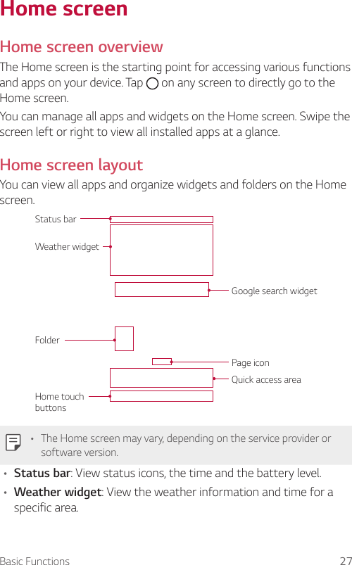 Basic Functions 27Home screenHome screen overviewThe Home screen is the starting point for accessing various functions and apps on your device. Tap   on any screen to directly go to the Home screen.You can manage all apps and widgets on the Home screen. Swipe the screen left or right to view all installed apps at a glance.Home screen layoutYou can view all apps and organize widgets and folders on the Home screen.FolderStatus barWeather widgetGoogle search widgetPage iconHome touch buttonsQuick access area• The Home screen may vary, depending on the service provider or software version.• Status bar: View status icons, the time and the battery level.• Weather widget: View the weather information and time for a specific area.
