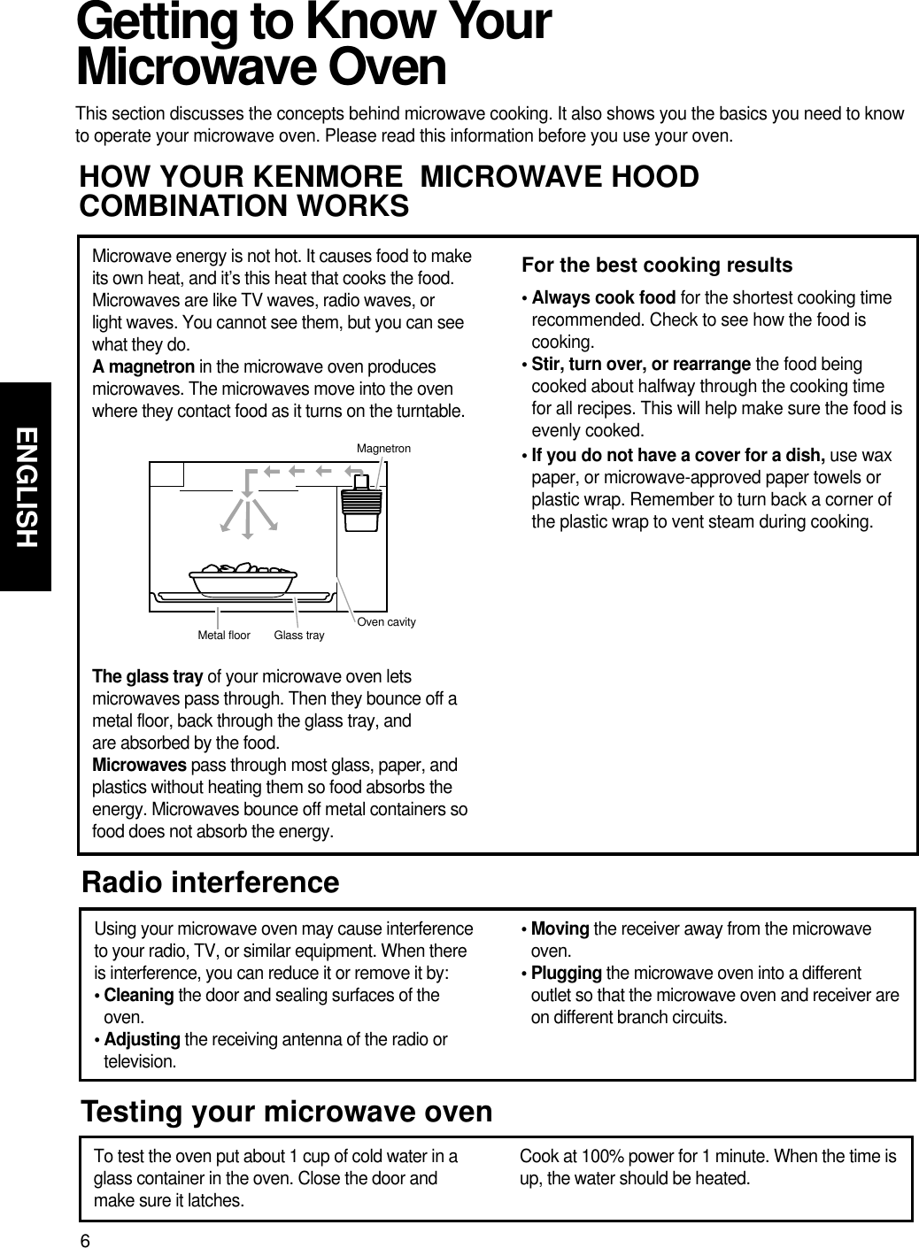 6ENGLISHGetting to Know YourMicrowave OvenThis section discusses the concepts behind microwave cooking. It also shows you the basics you need to knowto operate your microwave oven. Please read this information before you use your oven.HOW YOUR KENMORE  MICROWAVE HOODCOMBINATION WORKSRadio interferenceUsing your microwave oven may cause interferenceto your radio, TV, or similar equipment. When thereis interference, you can reduce it or remove it by:• Cleaning the door and sealing surfaces of theoven.• Adjusting the receiving antenna of the radio ortelevision.• Moving the receiver away from the microwaveoven.• Plugging the microwave oven into a differentoutlet so that the microwave oven and receiver areon different branch circuits.Microwave energy is not hot. It causes food to makeits own heat, and it’s this heat that cooks the food.Microwaves are like TV waves, radio waves, orlight waves. You cannot see them, but you can seewhat they do.A magnetron in the microwave oven producesmicrowaves. The microwaves move into the ovenwhere they contact food as it turns on the turntable.The glass tray of your microwave oven letsmicrowaves pass through. Then they bounce off ametal floor, back through the glass tray, andare absorbed by the food.Microwaves pass through most glass, paper, andplastics without heating them so food absorbs theenergy. Microwaves bounce off metal containers sofood does not absorb the energy.For the best cooking results• Always cook food for the shortest cooking timerecommended. Check to see how the food iscooking. • Stir, turn over, or rearrange the food beingcooked about halfway through the cooking timefor all recipes. This will help make sure the food isevenly cooked. • If you do not have a cover for a dish, use waxpaper, or microwave-approved paper towels orplastic wrap. Remember to turn back a corner ofthe plastic wrap to vent steam during cooking.MagnetronMetal floor Glass tray Oven cavityTesting your microwave ovenTo test the oven put about 1 cup of cold water in aglass container in the oven. Close the door andmake sure it latches.           Cook at 100% power for 1 minute. When the time isup, the water should be heated.