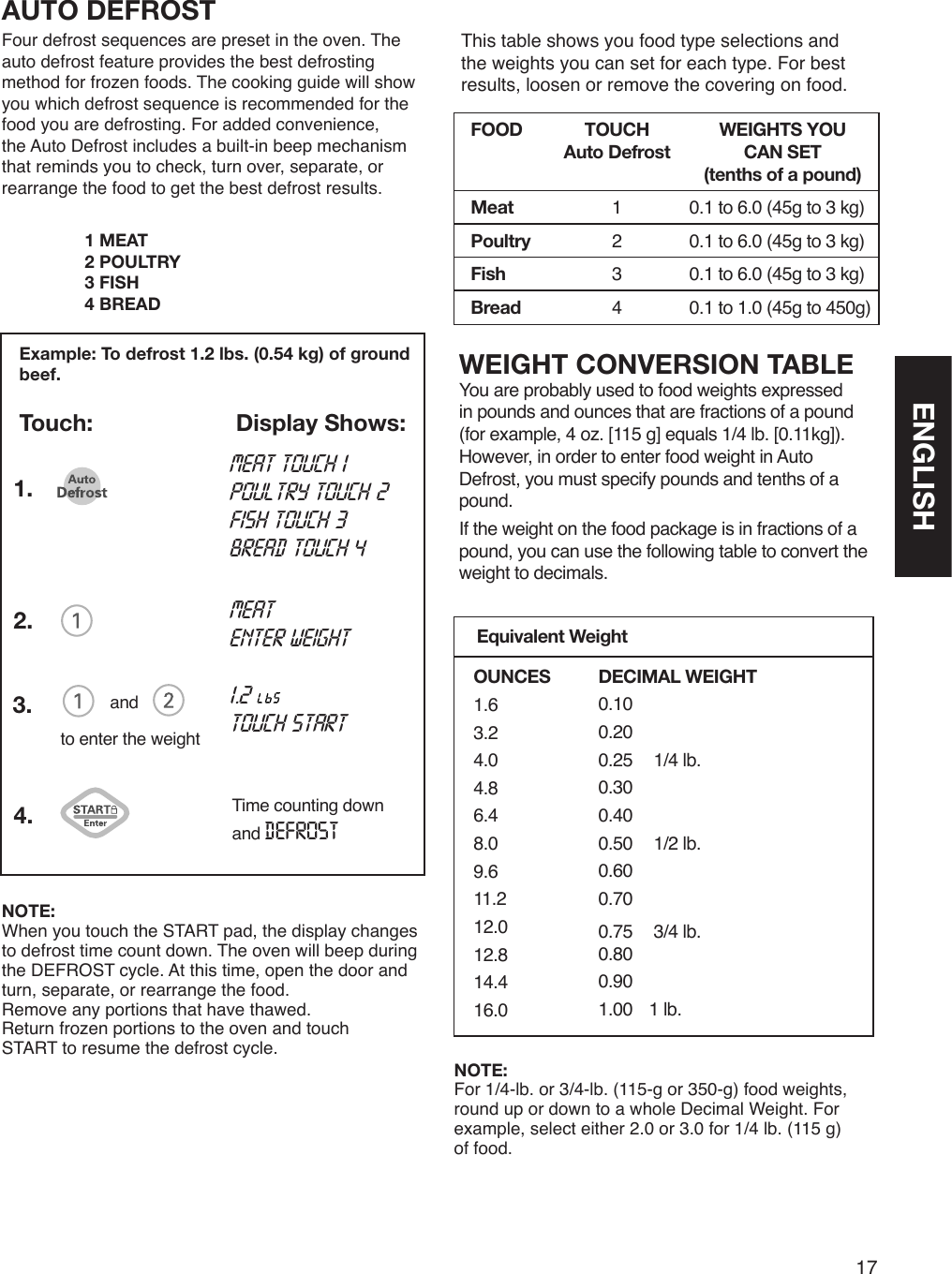 17USING YOUR MICROWAVE OVEN  WEIGHT CONVERSION TABLEYou are probably used to food weights expressed in pounds and ounces that are fractions of a pound (for example, 4 oz. [115 g] equals 1/4 lb. [0.11kg]). However, in order to enter food weight in Auto Defrost, you must specify pounds and tenths of a pound.If the weight on the food package is in fractions of a pound, you can use the following table to convert the weight to decimals.This table shows you food type selections and the weights you can set for each type. For best results, loosen or remove the covering on food. OUNCES1.63.24.04.86.48.09.611.212.012.814.416.0 DECIMAL WEIGHT 0.10 0.20 0.25   1/4 lb. 0.30 0.40 0.50   1/2 lb.  0.60 0.70 0.75   3/4 lb.  0.80 0.90 1.00  1 lb. Equivalent WeightFOODMeatPoultryFishBreadTOUCH  Auto Defrost  1234WEIGHTS YOU  CAN SET  (tenths of a pound)0.1 to 6.0 (45g to 3 kg)0.1 to 6.0 (45g to 3 kg)0.1 to 6.0 (45g to 3 kg)0.1 to 1.0 (45g to 450g)Example: To defrost 1.2 lbs. (0.54 kg) of ground beef.Touch:  Display Shows:AUTO DEFROSTFour defrost sequences are preset in the oven. The auto defrost feature provides the best defrosting method for frozen foods. The cooking guide will show you which defrost sequence is recommended for the food you are defrosting. For added convenience, the Auto Defrost includes a built-in beep mechanism that reminds you to check, turn over, separate, or rearrange the food to get the best defrost results.  1 MEAT2 POULTRY3 FISH4 BREADNOTE:When you touch the START pad, the display changesto defrost time count down. The oven will beep duringthe DEFROST cycle. At this time, open the door andturn, separate, or rearrange the food.Remove any portions that have thawed.Return frozen portions to the oven and touchSTART to resume the defrost cycle.1.2.3. and4. Time counting down and DEFROSTto enter the weightmeat touch 1poultry touch 2fish touch 3bread touch 4meatenter weight1.2touch startNOTE:For 1/4-lb. or 3/4-lb. (115-g or 350-g) food weights, round up or down to a whole Decimal Weight. For example, select either 2.0 or 3.0 for 1/4 lb. (115 g)  of food.ENGLISH