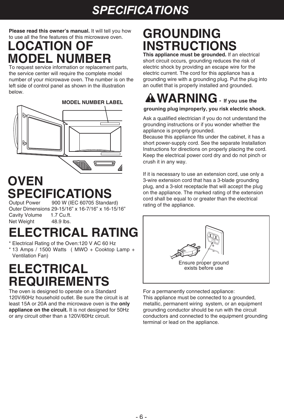 Page 6 of LG Electronics USA V174NAA Microwave oven User Manual users manual