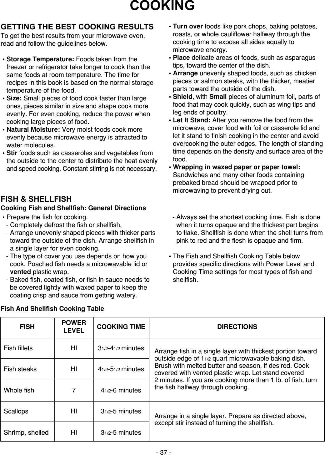 - 37 -COOKINGGETTING THE BEST COOKING RESULTS To get the best results from your microwave oven,read and follow the guidelines below.• Storage Temperature: Foods taken from thefreezer or refrigerator take longer to cook than thesame foods at room temperature. The time forrecipes in this book is based on the normal storagetemperature of the food.• Size: Small pieces of food cook faster than largeones, pieces similar in size and shape cook moreevenly. For even cooking, reduce the power whencooking large pieces of food.• Natural Moisture: Very moist foods cook moreevenly because microwave energy is attracted towater molecules.• Stir foods such as casseroles and vegetables fromthe outside to the center to distribute the heat evenlyand speed cooking. Constant stirring is not necessary.• Turn over foods like pork chops, baking potatoes,roasts, or whole cauliflower halfway through thecooking time to expose all sides equally tomicrowave energy.• Place delicate areas of foods, such as asparagustips, toward the center of the dish.• Arrange unevenly shaped foods, such as chickenpieces or salmon steaks, with the thicker, meatierparts toward the outside of the dish.• Shield, with Small pieces of aluminum foil, parts offood that may cook quickly, such as wing tips andleg ends of poultry.• Let It Stand: After you remove the food from themicrowave, cover food with foil or casserole lid andlet it stand to finish cooking in the center and avoidovercooking the outer edges. The length of standingtime depends on the density and surface area of thefood.• Wrapping in waxed paper or paper towel:Sandwiches and many other foods containingprebaked bread should be wrapped prior tomicrowaving to prevent drying out.FISH &amp; SHELLFISHCooking Fish and Shellfish: General Directions• Prepare the fish for cooking.- Completely defrost the fish or shellfish.- Arrange unevenly shaped pieces with thicker partstoward the outside of the dish. Arrange shellfish ina single layer for even cooking.- The type of cover you use depends on how youcook. Poached fish needs a microwavable lid orvented plastic wrap.- Baked fish, coated fish, or fish in sauce needs tobe covered lightly with waxed paper to keep thecoating crisp and sauce from getting watery.- Always set the shortest cooking time. Fish is donewhen it turns opaque and the thickest part beginsto flake. Shellfish is done when the shell turns frompink to red and the flesh is opaque and firm.• The Fish and Shellfish Cooking Table belowprovides specific directions with Power Level andCooking Time settings for most types of fish andshellfish.Fish And Shellfish Cooking TableFISHFish filletsFish steaksWhole fishScallopsShrimp, shelledHIHI7HIHI31/2-41/2 minutes41/2-51/2 minutes41/2-6 minutes31/2-5 minutes31/2-5 minutesArrange fish in a single layer with thickest portion towardoutside edge of 11/2 quart microwavable baking dish.Brush with melted butter and season, if desired. Cookcovered with vented plastic wrap. Let stand covered 2 minutes. If you are cooking more than 1 lb. of fish, turnthe fish halfway through cooking.Arrange in a single layer. Prepare as directed above,except stir instead of turning the shellfish.POWERLEVEL COOKING TIME DIRECTIONS