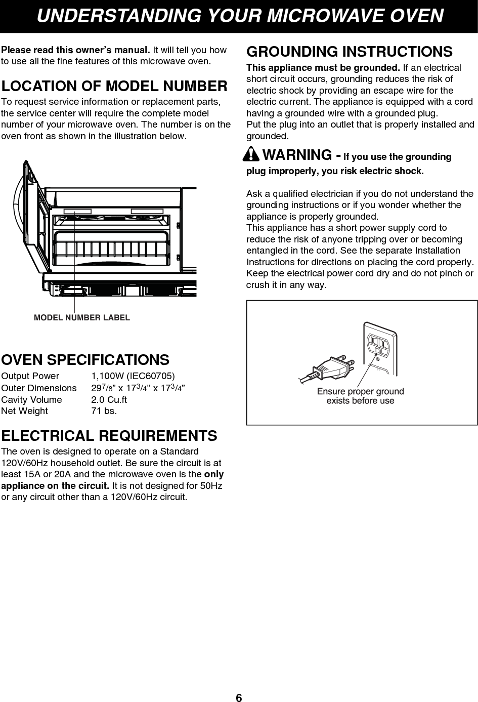 UNDERSTANDING YOUR MICROWAVE OVENPlease read this owner’s manual. It will tell you howto use all the fine features of this microwave oven.LOCATION OF MODEL NUMBERTo request service information or replacement parts,the service center will require the complete modelnumber of your microwave oven. The number is on theoven front as shown in the illustration below.OVEN SPECIFICATIONSOutput Power 1,100W (IEC60705)Outer Dimensions 297/8” x 173/4” x 173/4”Cavity Volume 2.0 Cu.ftNet Weight 71 bs.ELECTRICAL REQUIREMENTSThe oven is designed to operate on a Standard120V/60Hz household outlet. Be sure the circuit is atleast 15A or 20A and the microwave oven is the onlyappliance on the circuit. It is not designed for 50Hzor any circuit other than a 120V/60Hz circuit.GROUNDING INSTRUCTIONSThis appliance must be grounded. If an electricalshort circuit occurs, grounding reduces the risk ofelectric shock by providing an escape wire for theelectric current. The appliance is equipped with a cordhaving a grounded wire with a grounded plug. Put the plug into an outlet that is properly installed andgrounded.WARNING - If you use the groundingplug improperly, you risk electric shock.Ask a qualified electrician if you do not understand thegrounding instructions or if you wonder whether theappliance is properly grounded.This appliance has a short power supply cord toreduce the risk of anyone tripping over or becomingentangled in the cord. See the separate InstallationInstructions for directions on placing the cord properly.Keep the electrical power cord dry and do not pinch orcrush it in any way.6MODEL NUMBER LABEL