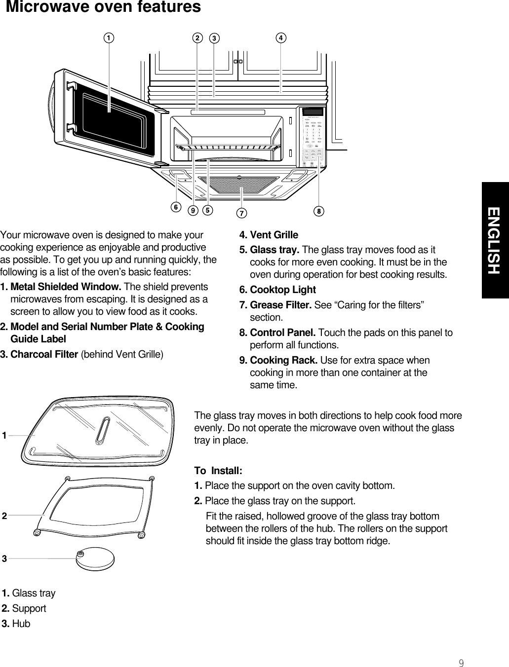 9ENGLISHGETTING TO KNOW YOUR MICROWAVE OVEN  Microwave oven featuresYour microwave oven is designed to make yourcooking experience as enjoyable and productiveas possible. To get you up and running quickly, thefollowing is a list of the oven’s basic features:1. Metal Shielded Window. The shield preventsmicrowaves from escaping. It is designed as ascreen to allow you to view food as it cooks.2. Model and Serial Number Plate &amp; CookingGuide Label3. Charcoal Filter (behind Vent Grille)4. Vent Grille5. Glass tray. The glass tray moves food as itcooks for more even cooking. It must be in theoven during operation for best cooking results.6. Cooktop Light7. Grease Filter. See “Caring for the filters”section.8. Control Panel. Touch the pads on this panel toperform all functions.9. Cooking Rack. Use for extra space whencooking in more than one container at the same time.The glass tray moves in both directions to help cook food moreevenly. Do not operate the microwave oven without the glasstray in place. To  Install:1. Place the support on the oven cavity bottom.2. Place the glass tray on the support.Fit the raised, hollowed groove of the glass tray bottombetween the rollers of the hub. The rollers on the supportshould fit inside the glass tray bottom ridge.1. Glass tray2. Support3. Hub