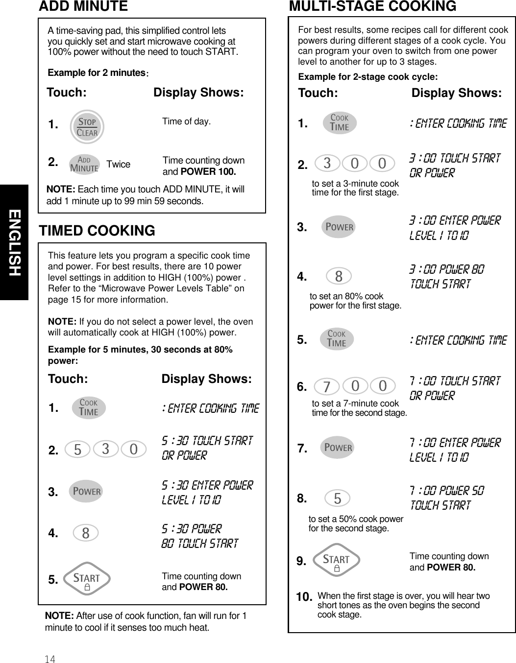 14ENGLISHUSING YOUR MICROWAVE OVEN  TIMED COOKING1.2.5.3.4.This feature lets you program a specific cook timeand power. For best results, there are 10 powerlevel settings in addition to HIGH (100%) power .Refer to the “Microwave Power Levels Table” onpage 15 for more information.NOTE: If you do not select a power level, the ovenwill automatically cook at HIGH (100%) power.Example for 5 minutes, 30 seconds at 80%power:Touch: Display Shows:::ENTER COOKING TIME5 ::30TOUCH STARTOR POWER5 ::30ENTER POWER LEVEL1 TO 105 ::30POWER80TOUCH STARTTime counting downand POWER 80.For best results, some recipes call for different cookpowers during different stages of a cook cycle. Youcan program your oven to switch from one powerlevel to another for up to 3 stages.Example for 2-stage cook cycle:Touch: Display Shows:MULTI-STAGE COOKING1.2.5.3.4.6.to set a 7-minute cook time for the second stage.to set a 3-minute cook time for the first stage.7.9.::ENTER COOKING TIME::ENTER COOKING TIME3 ::00TOUCH STARTOR POWER7 ::00TOUCH STARTOR POWER3 ::00 ENTER POWERLEVEL 1 TO107 ::00ENTER POWERLEVEL 1 TO103 ::00 POWER 80TOUCH START8.to set a 50% cook powerfor the second stage.to set an 80% cookpower for the first stage.7 ::00 POWER 50TOUCH STARTWhen the first stage is over, you will hear twoshort tones as the oven begins the secondcook stage.10.Time counting downand POWER 80.ADD MINUTE1.2.A time-saving pad, this simplified control letsyou quickly set and start microwave cooking at100% power without the need to touch START.Example for 2 minutesTouch: Display Shows:NOTE: Each time you touch ADD MINUTE, it willadd 1 minute up to 99 min 59 seconds.Twice Time counting downand POWER 100.Time of day.NOTE: After use of cook function, fan will run for 1minute to cool if it senses too much heat.