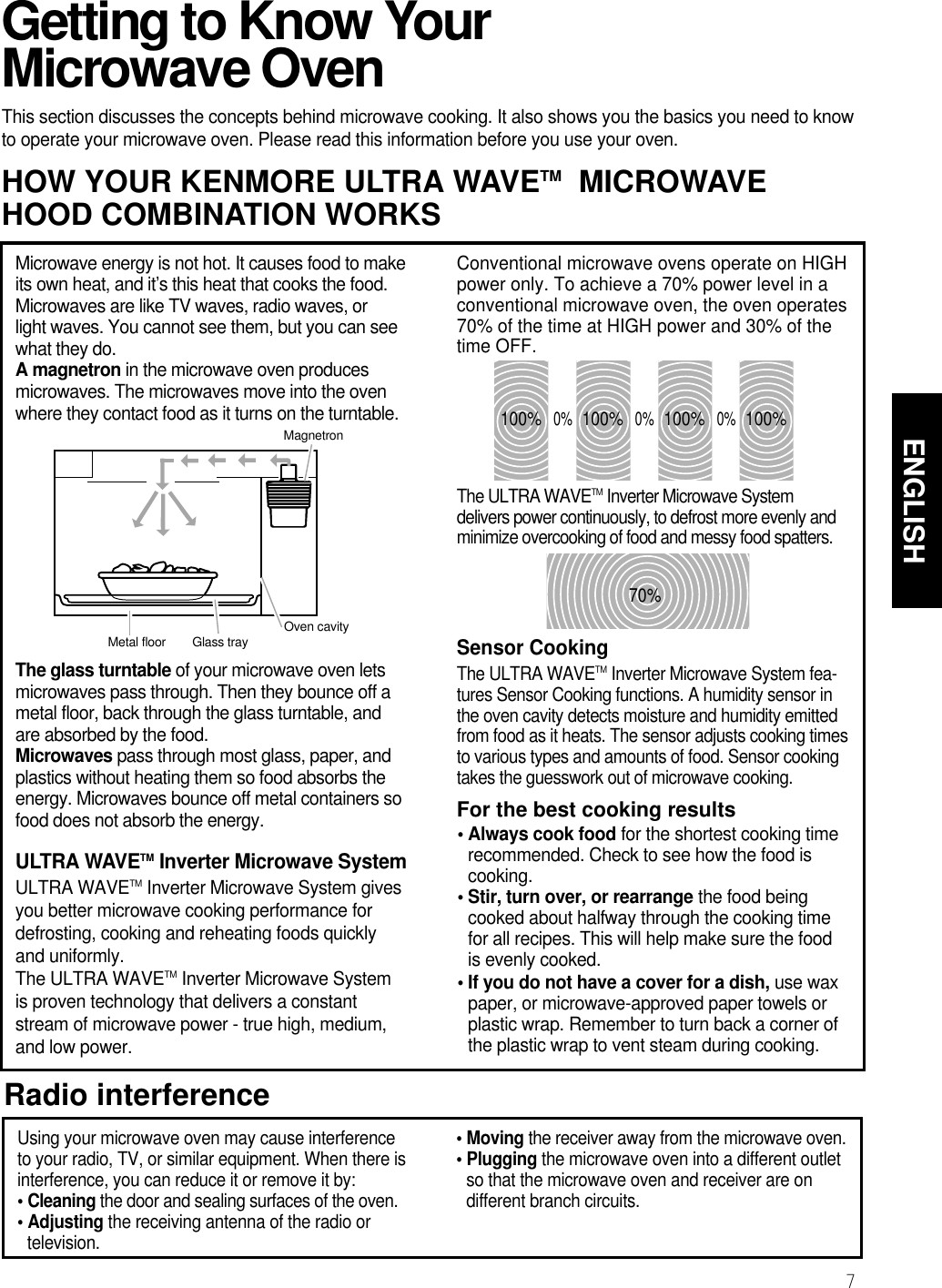 ENGLISH7Getting to Know YourMicrowave OvenThis section discusses the concepts behind microwave cooking. It also shows you the basics you need to knowto operate your microwave oven. Please read this information before you use your oven.HOW YOUR KENMORE ULTRA WAVETM MICROWAVEHOOD COMBINATION WORKSRadio interferenceUsing your microwave oven may cause interferenceto your radio, TV, or similar equipment. When there isinterference, you can reduce it or remove it by:• Cleaning the door and sealing surfaces of the oven.• Adjusting the receiving antenna of the radio ortelevision.• Moving the receiver away from the microwave oven.• Plugging the microwave oven into a different outletso that the microwave oven and receiver are ondifferent branch circuits.Microwave energy is not hot. It causes food to makeits own heat, and it’s this heat that cooks the food.Microwaves are like TV waves, radio waves, orlight waves. You cannot see them, but you can seewhat they do.A magnetron in the microwave oven producesmicrowaves. The microwaves move into the ovenwhere they contact food as it turns on the turntable.The glass turntable of your microwave oven letsmicrowaves pass through. Then they bounce off ametal floor, back through the glass turntable, andare absorbed by the food.Microwaves pass through most glass, paper, andplastics without heating them so food absorbs theenergy. Microwaves bounce off metal containers sofood does not absorb the energy.ULTRA WAVETMInverter Microwave SystemULTRA WAVETM Inverter Microwave System givesyou better microwave cooking performance fordefrosting, cooking and reheating foods quicklyand uniformly.The ULTRA WAVETM Inverter Microwave Systemis proven technology that delivers a constantstream of microwave power - true high, medium,and low power.Conventional microwave ovens operate on HIGHpower only. To achieve a 70% power level in aconventional microwave oven, the oven operates70% of the time at HIGH power and 30% of thetime OFF.The ULTRA WAVETM Inverter Microwave Systemdelivers power continuously, to defrost more evenly andminimize overcooking of food and messy food spatters.Sensor CookingThe ULTRA WAVETM Inverter Microwave System fea-tures Sensor Cooking functions. A humidity sensor inthe oven cavity detects moisture and humidity emittedfrom food as it heats. The sensor adjusts cooking timesto various types and amounts of food. Sensor cookingtakes the guesswork out of microwave cooking.For the best cooking resultsMagnetronMetal floor Glass tray Oven cavity100% 100%0% 0%100% 100%0%70%• Always cook food for the shortest cooking timerecommended. Check to see how the food iscooking. • Stir, turn over, or rearrange the food beingcooked about halfway through the cooking timefor all recipes. This will help make sure the foodis evenly cooked. • If you do not have a cover for a dish, use waxpaper, or microwave-approved paper towels orplastic wrap. Remember to turn back a corner ofthe plastic wrap to vent steam during cooking.