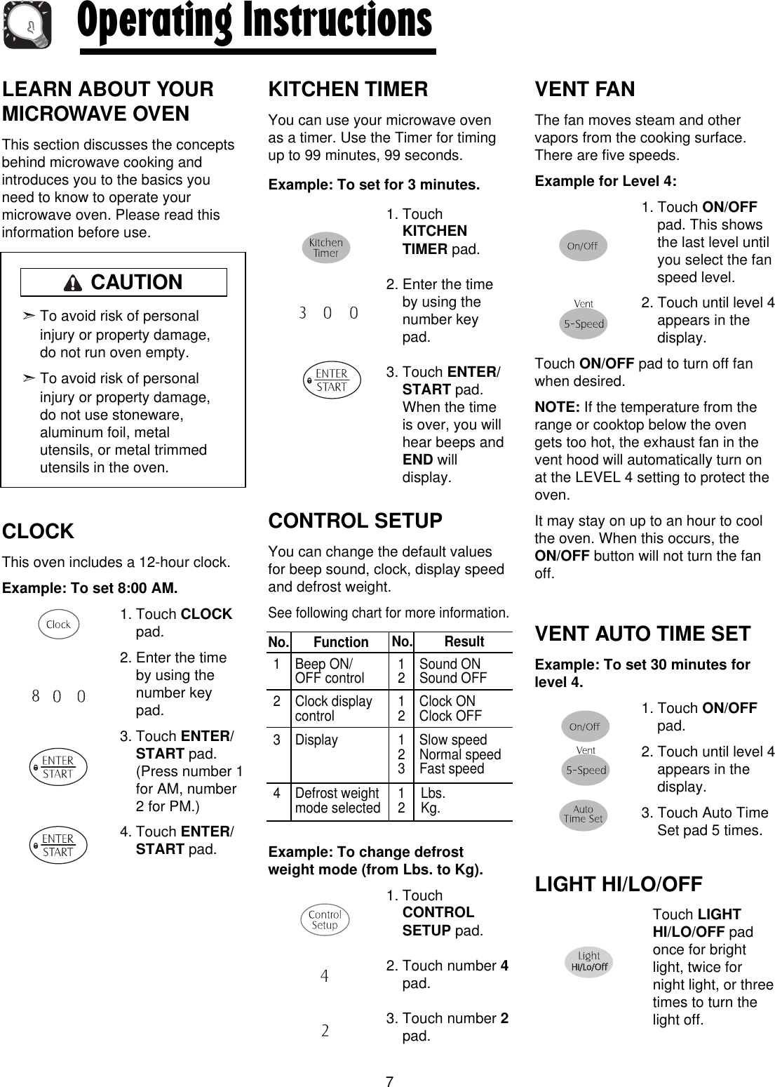 LEARN ABOUT YOURMICROWAVE OVENThis section discusses the conceptsbehind microwave cooking andintroduces you to the basics youneed to know to operate yourmicrowave oven. Please read thisinformation before use.CLOCKThis oven includes a 12-hour clock.Example: To set 8:00 AM.1. Touch CLOCKpad.2. Enter the timeby using thenumber keypad.3. Touch ENTER/START pad.(Press number 1for AM, number2 for PM.)4. Touch ENTER/START pad.KITCHEN TIMERYou can use your microwave ovenas a timer. Use the Timer for timingup to 99 minutes, 99 seconds.Example: To set for 3 minutes.1. TouchKITCHENTIMER pad.2. Enter the timeby using thenumber keypad.3. Touch ENTER/START pad.When the timeis over, you willhear beeps andEND willdisplay.CONTROL SETUPYou can change the default valuesfor beep sound, clock, display speedand defrost weight. See following chart for more information.Example: To change defrostweight mode (from Lbs. to Kg).1. TouchCONTROLSETUP pad.2. Touch number 4pad.3. Touch number 2pad.VENT FANThe fan moves steam and othervapors from the cooking surface.There are five speeds. Example for Level 4:1. Touch ON/OFFpad. This showsthe last level untilyou select the fanspeed level.2. Touch until level 4appears in thedisplay.Touch ON/OFF pad to turn off fanwhen desired. NOTE: If the temperature from therange or cooktop below the ovengets too hot, the exhaust fan in thevent hood will automatically turn onat the LEVEL 4 setting to protect theoven. It may stay on up to an hour to coolthe oven. When this occurs, theON/OFF button will not turn the fanoff.VENT AUTO TIME SETExample: To set 30 minutes forlevel 4.1. Touch ON/OFFpad.2. Touch until level 4appears in thedisplay.3. Touch Auto TimeSet pad 5 times.LIGHT HI/LO/OFFTouch LIGHTHI/LO/OFF padonce for brightlight, twice fornight light, or threetimes to turn thelight off.7Operating Instructions➣To avoid risk of personalinjury or property damage,do not run oven empty.➣To avoid risk of personalinjury or property damage,do not use stoneware,aluminum foil, metalutensils, or metal trimmedutensils in the oven.No. Function1 Beep ON/ 1 Sound ONOFF control 2 Sound OFF2 Clock display 1 Clock ONcontrol 2 Clock OFF3 Display 1 Slow speed2 Normal speed3 Fast speed4 Defrost weight 1 Lbs.mode selected 2 Kg.No. ResultCAUTION