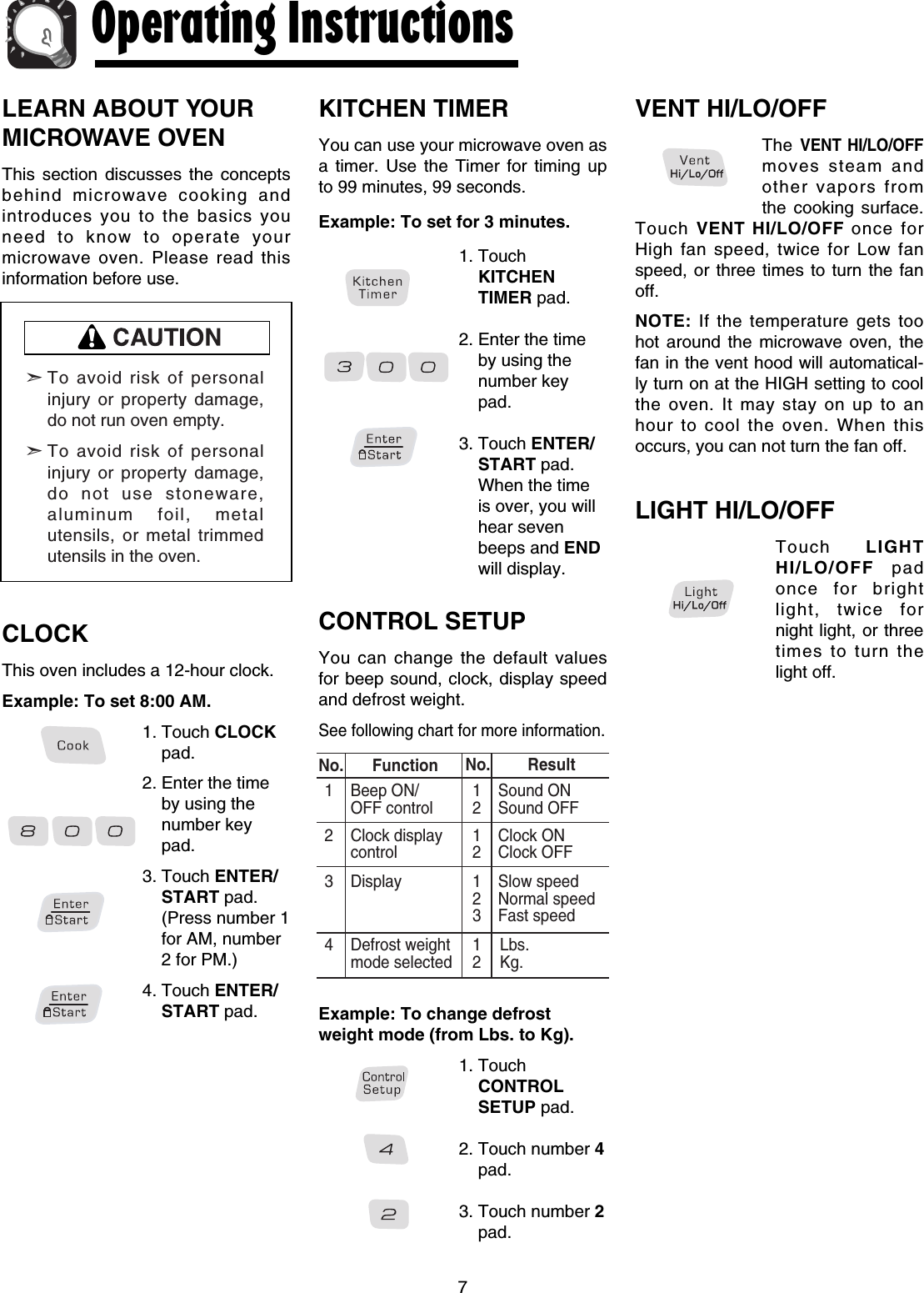 LEARN ABOUT YOURMICROWAVE OVENThis section discusses the conceptsbehind microwave cooking andintroduces you to the basics youneed to know to operate yourmicrowave oven. Please read thisinformation before use.CLOCKThis oven includes a 12-hour clock.Example: To set 8:00 AM.1. Touch CLOCKpad.2. Enter the timeby using thenumber keypad.3. Touch ENTER/START pad.(Press number 1for AM, number2 for PM.)4. Touch ENTER/START pad.KITCHEN TIMERYou can use your microwave oven asa timer. Use the Timer for timing upto 99 minutes, 99 seconds.Example: To set for 3 minutes.1. TouchKITCHENTIMER pad.2. Enter the timeby using thenumber keypad.3. Touch ENTER/START pad.When the timeis over, you willhear sevenbeeps and ENDwill display.CONTROL SETUPYou can change the default valuesfor beep sound, clock, display speedand defrost weight. See following chart for more information.Example: To change defrostweight mode (from Lbs. to Kg).1. TouchCONTROLSETUP pad.2. Touch number 4pad.3. Touch number 2pad.VENT HI/LO/OFFThe VENT HI/LO/OFFmoves steam andother vapors fromthe cooking surface.Touch VENT HI/LO/OFF once forHigh fan speed, twice for Low fanspeed, or three times to turn the fanoff.NOTE: If the temperature gets toohot around the microwave oven, thefan in the vent hood will automatical-ly turn on at the HIGH setting to coolthe oven. It may stay on up to anhour to cool the oven. When thisoccurs, you can not turn the fan off.LIGHT HI/LO/OFFTouch  LIGHTHI/LO/OFF padonce for brightlight, twice fornight light, or threetimes to turn thelight off.7Operating Instructions➣To avoid risk of personalinjury or property damage,do not run oven empty.➣To avoid risk of personalinjury or property damage,do not use stoneware,aluminum foil, metalutensils, or metal trimmedutensils in the oven.No. Function1 Beep ON/ 1 Sound ONOFF control 2 Sound OFF2 Clock display 1 Clock ONcontrol 2 Clock OFF3 Display 1 Slow speed2 Normal speed3 Fast speed4 Defrost weight 1 Lbs.mode selected 2 Kg.No. Result