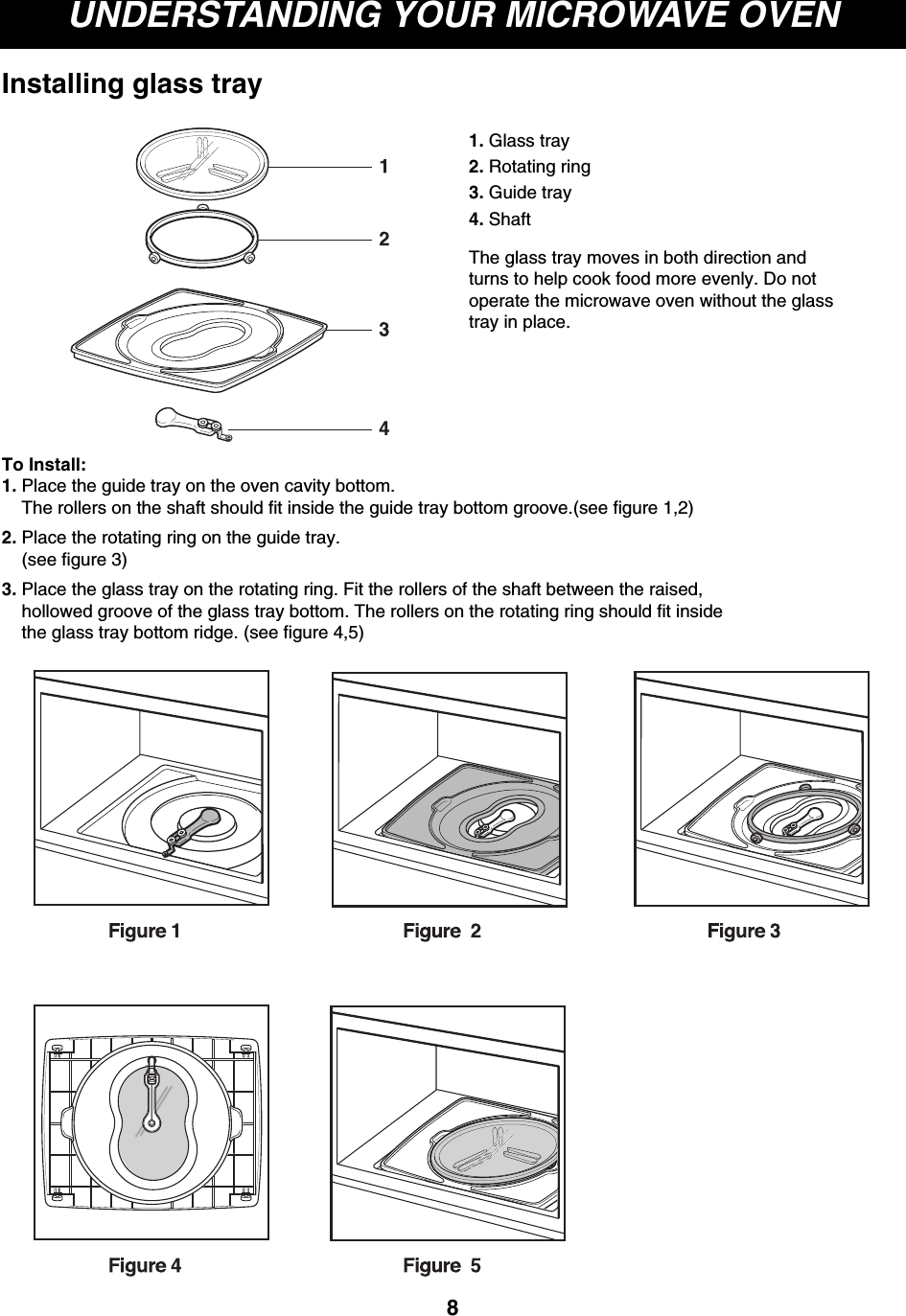 UNDERSTANDING YOUR MICROWAVE OVEN1. Glass tray2. Rotating ring3. Guide tray4. ShaftThe glass tray moves in both direction andturns to help cook food more evenly. Do notoperate the microwave oven without the glasstray in place.To Install:1. Place the guide tray on the oven cavity bottom.The rollers on the shaft should fit inside the guide tray bottom groove.(see figure 1,2)2. Place the rotating ring on the guide tray.(see figure 3)3. Place the glass tray on the rotating ring. Fit the rollers of the shaft between the raised,hollowed groove of the glass tray bottom. The rollers on the rotating ring should fit insidethe glass tray bottom ridge. (see figure 4,5)8Installing glass tray