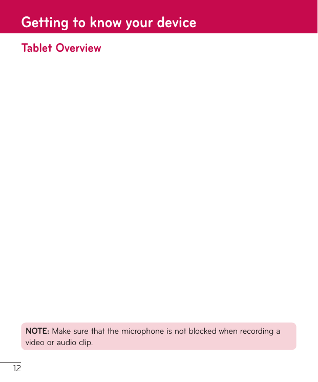 12Getting to know your deviceTablet OverviewNOTE:Makesurethatthemicrophoneisnotblockedwhenrecordingavideooraudioclip.