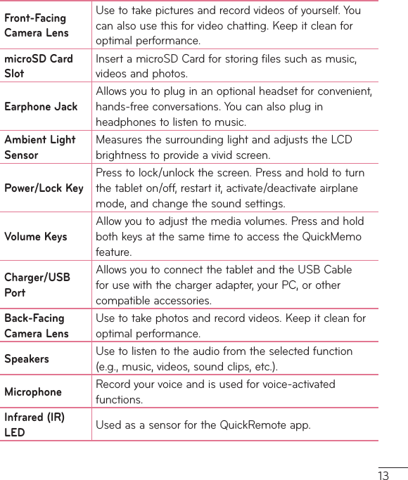 13Front-Facing Camera LensUsetotakepicturesandrecordvideosofyourself.Youcanalsousethisforvideochatting.Keepitcleanforoptimalperformance.microSD Card SlotInsertamicroSDCardforstoringfilessuchasmusic,videosandphotos.Earphone JackAllowsyoutopluginanoptionalheadsetforconvenient,hands-freeconversations.Youcanalsopluginheadphonestolistentomusic.Ambient Light SensorMeasuresthesurroundinglightandadjuststheLCDbrightnesstoprovideavividscreen.Power/Lock KeyPresstolock/unlockthescreen.Pressandholdtoturnthetableton/off,restartit,activate/deactivateairplanemode,andchangethesoundsettings.Volume KeysAllowyoutoadjustthemediavolumes.PressandholdbothkeysatthesametimetoaccesstheQuickMemofeature.Charger/USB PortAllowsyoutoconnectthetabletandtheUSBCableforusewiththechargeradapter,yourPC,orothercompatibleaccessories.Back-Facing Camera LensUsetotakephotosandrecordvideos.Keepitcleanforoptimalperformance.Speakers Usetolistentotheaudiofromtheselectedfunction(e.g.,music,videos,soundclips,etc.).Microphone Recordyourvoiceandisusedforvoice-activatedfunctions.Infrared (IR) LED UsedasasensorfortheQuickRemoteapp.