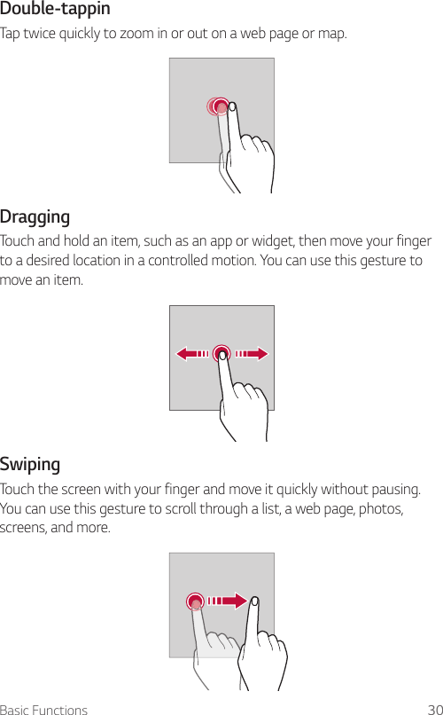 Basic Functions 30Double-tappinTap twice quickly to zoom in or out on a web page or map.DraggingTouch and hold an item, such as an app or widget, then move your finger to a desired location in a controlled motion. You can use this gesture to move an item.SwipingTouch the screen with your finger and move it quickly without pausing. You can use this gesture to scroll through a list, a web page, photos, screens, and more.